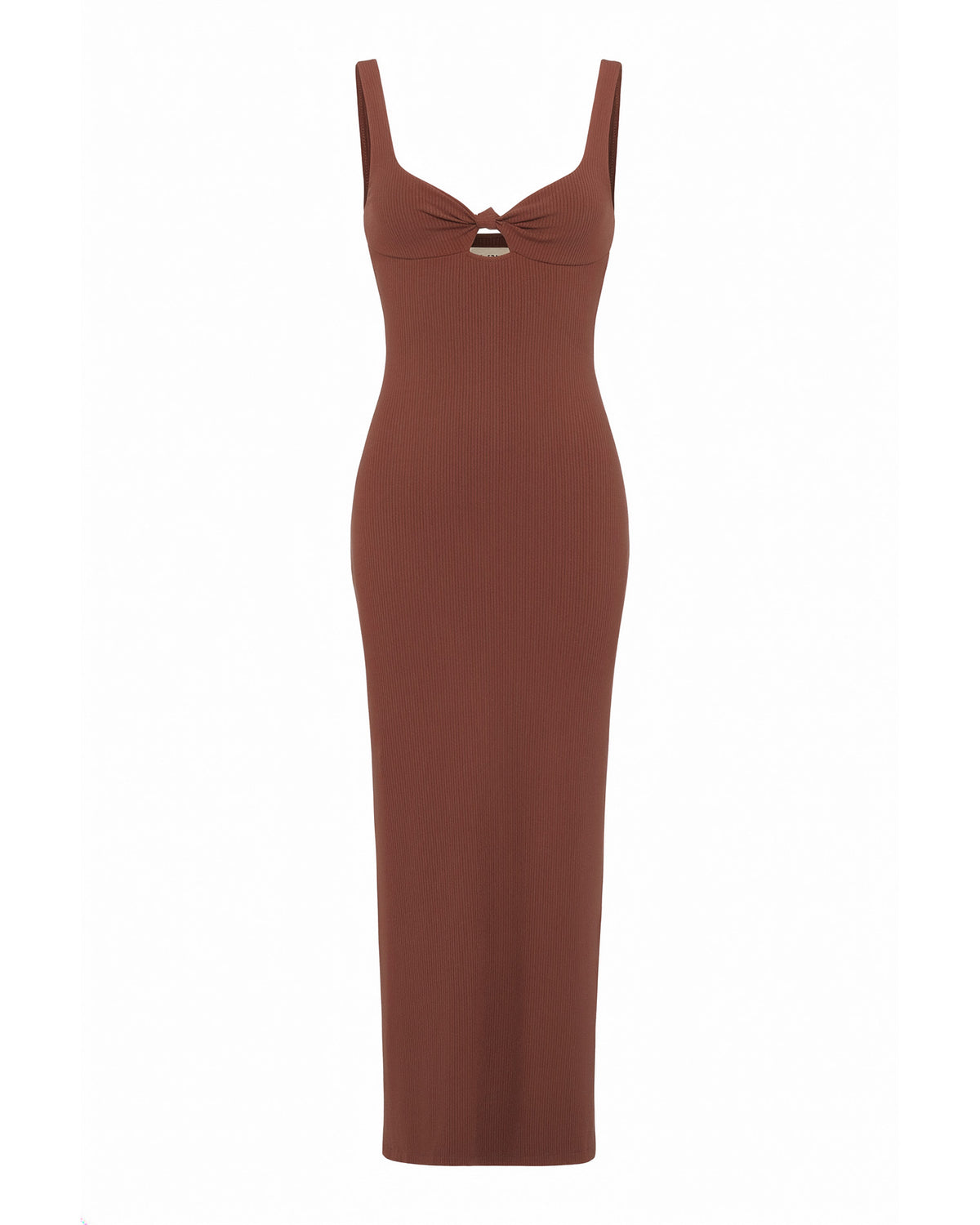 Alexis Dress - Cafe Off-model view of the LSPACE Alexis Dress in cafe, a fitted ribbed midi dress in chocolate brown with thick straps, a sweetheart neckline, and a small front cutout detail.