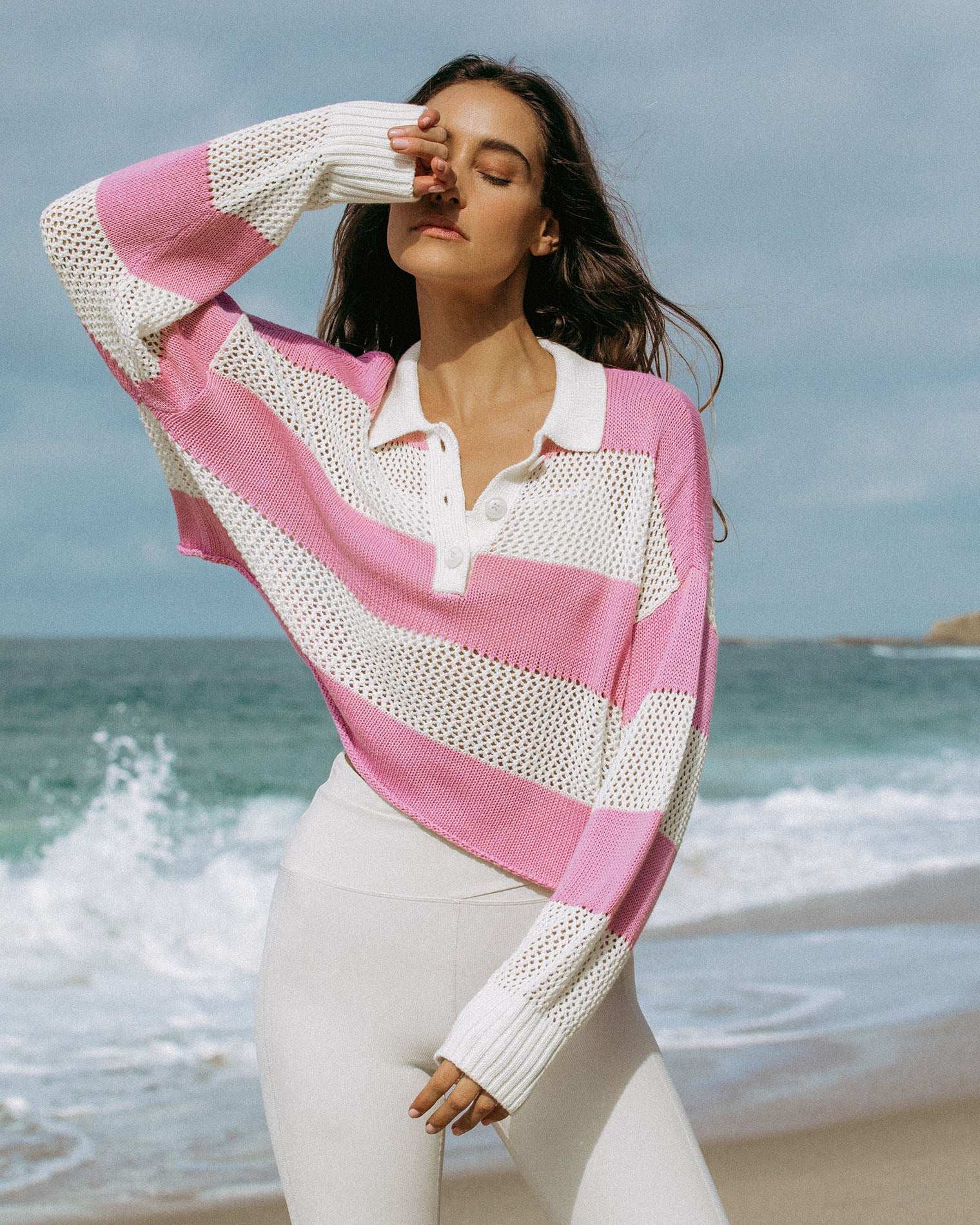 LSPACE X Anthropologie Rugby Sweater - Pink Lady Pink Lady | Model: Daria (size: S)