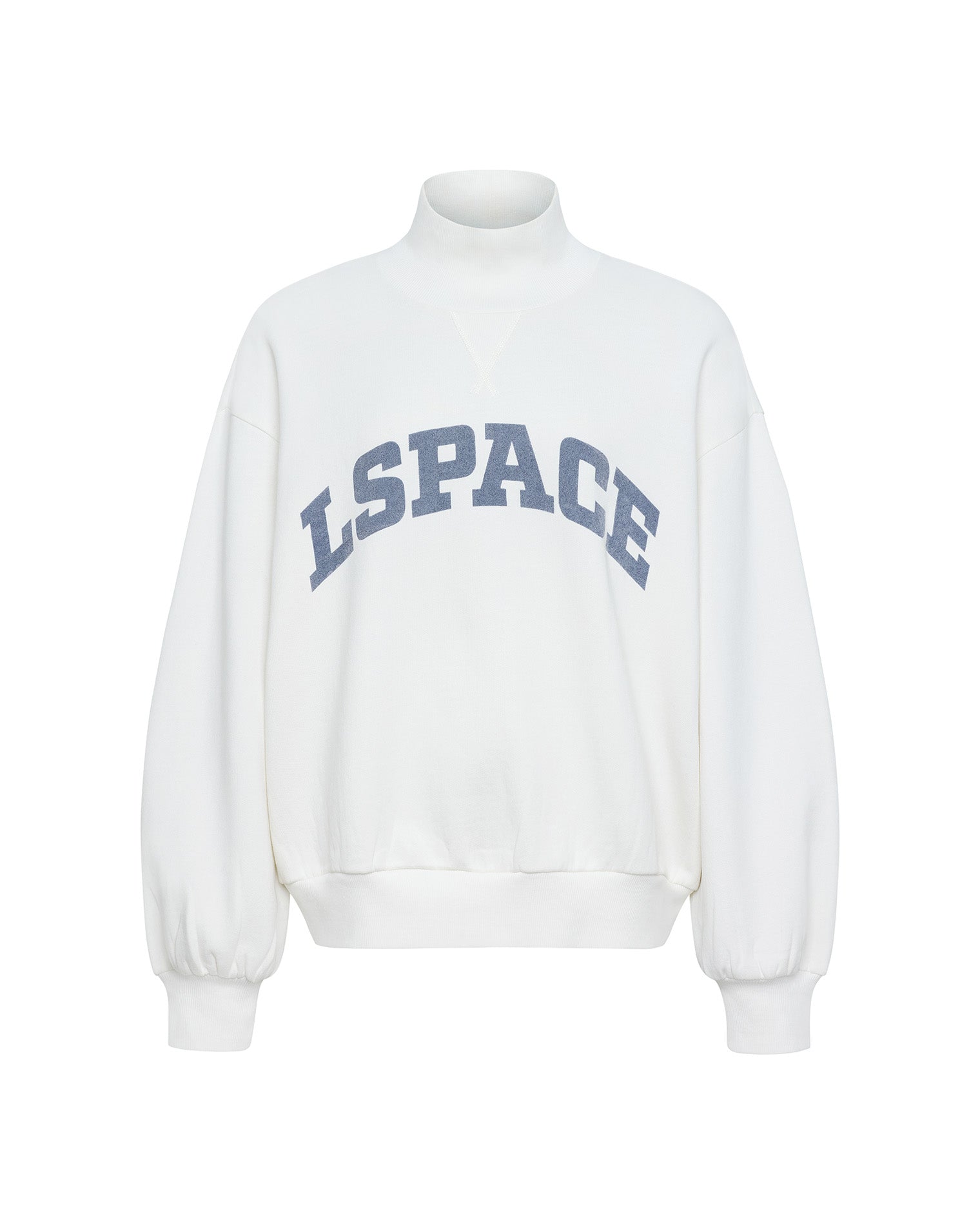 Crush Sweatshirt - Cream Flat-lay product shot of the Crush Sweatshirt in cream, a cream quarter-zip pullover sweatshirt with "LSPACE" collegiate arch lettering in blue and slate.