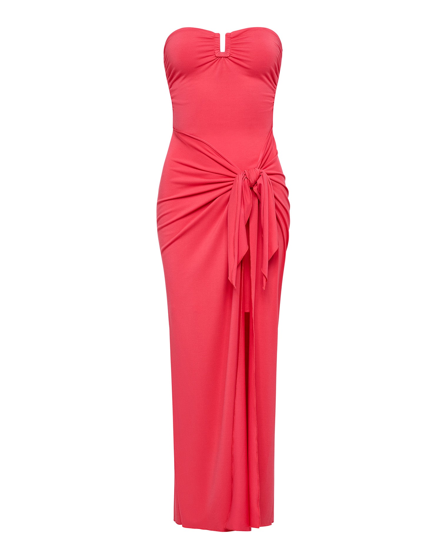 Noah Dress - Pout Off-model view of the LSPACE Noah Dress in pout, displayed on a white background to show the full coral pink silhouette with strapless keyhole neckline, ruched side tie, and maxi skirt with slit.