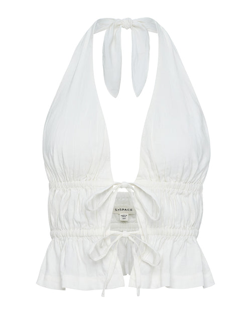 Off-model view of the LSPACE August Top in cream, displayed against a white background to show the halter neck tie, plunging V-neckline, gathered body with double tie details, and peplum hem.