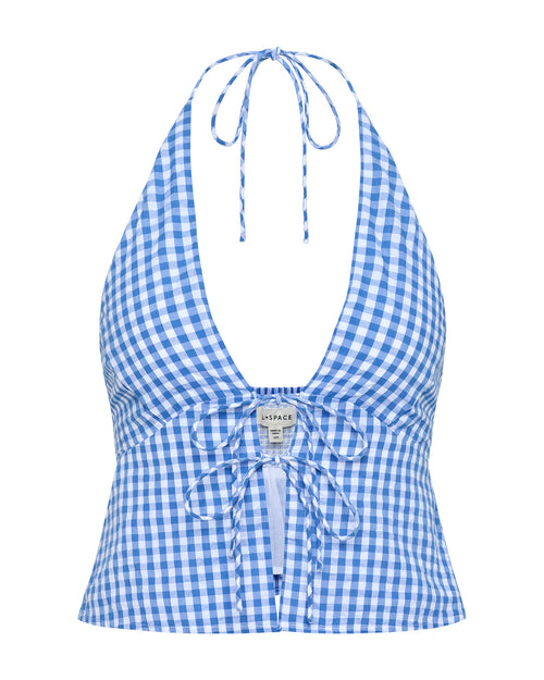 Off-model view of the LSPACE April Top in morning gingham, displayed flat to show the halter neck tie, deep V-neckline, and blue-and-white gingham print with a lace-up front closure.