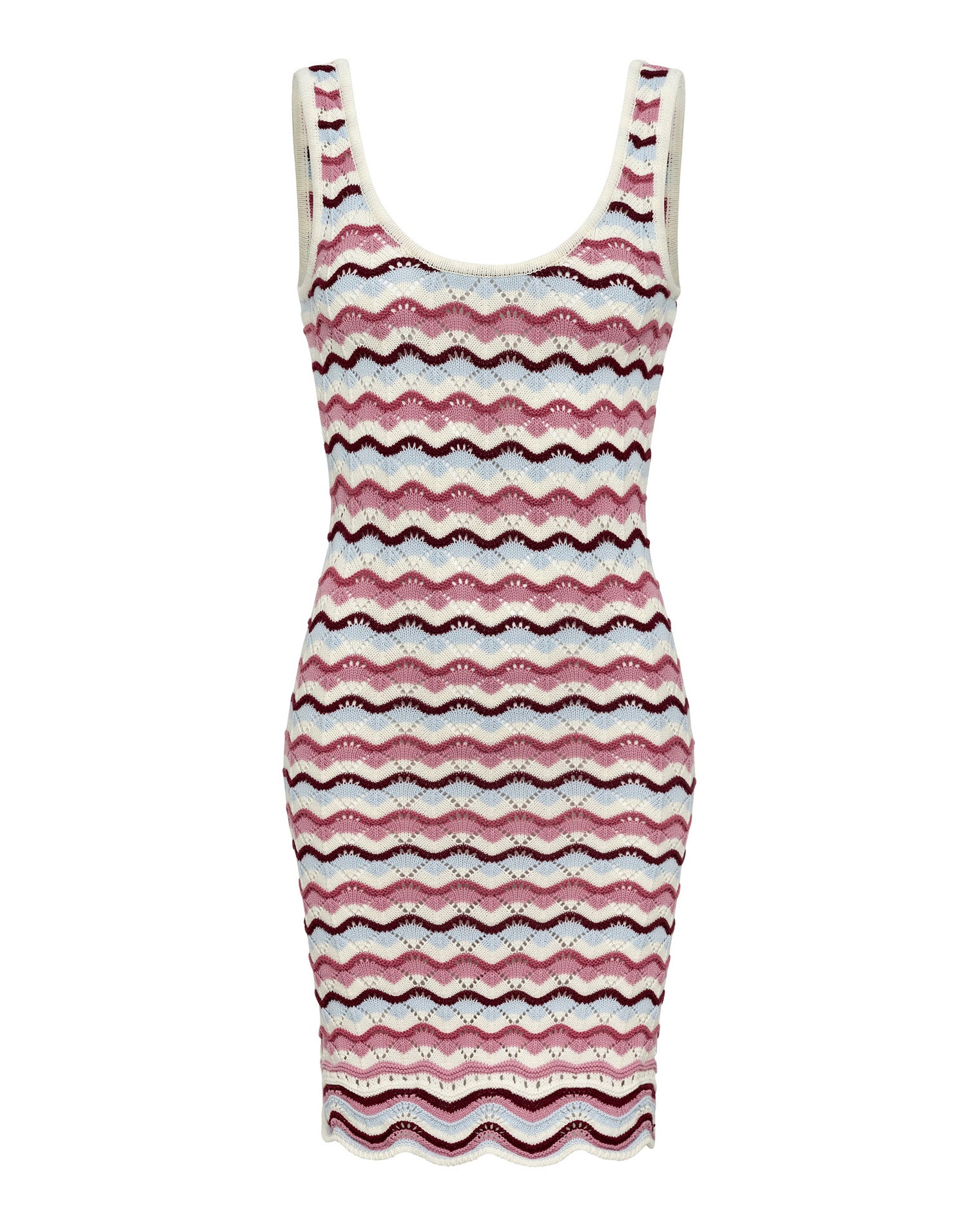 Sunchaser Dress - Sand In Hand Off-model flat lay of the LSPACE sand in hand Sunchaser Dress, a crochet knit mini dress with a scoop neckline and multicolor wavy stripe pattern in pink, blue, and cream, on a white background.