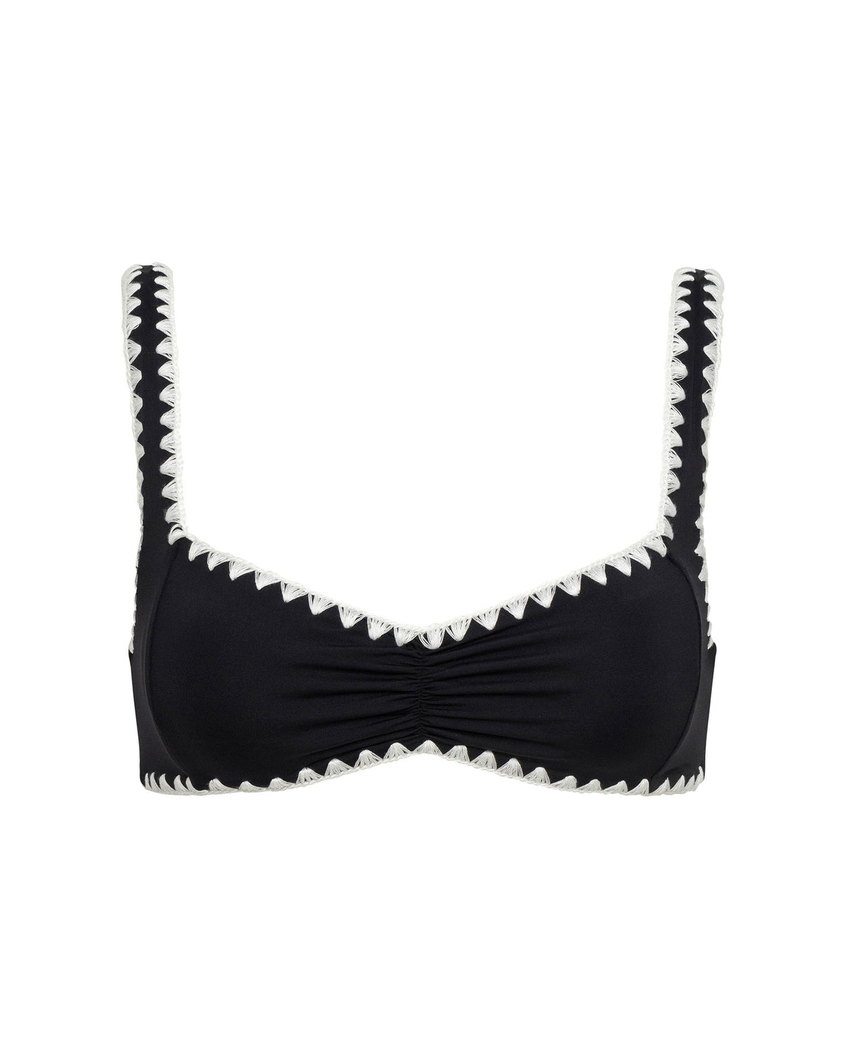 Off-model flat lay view of the LSPACE Effie Bikini Top in Black-Cream on a white background, a black bralette-style bikini top with cream zig-zag trim along the neckline, shoulder straps, and edges, featuring a center ruched detail.