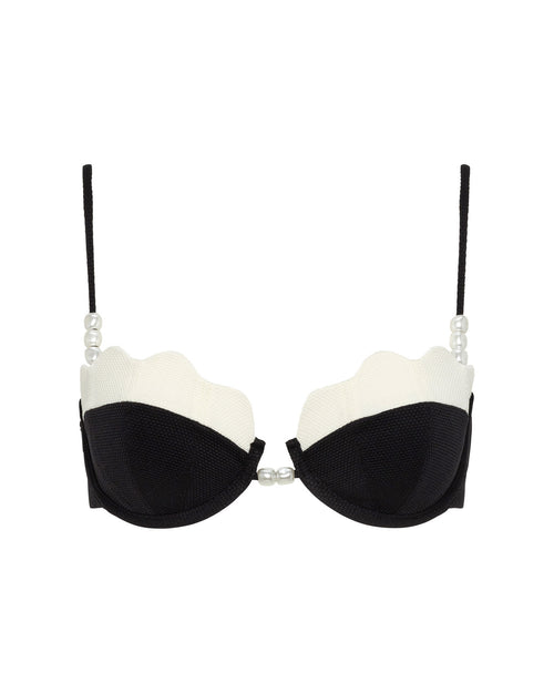 Off-model front view of the LSPACE Black-Cream Sunrise Shell Bikini Top showing the black molded cups with cream scalloped trim and pearl bead detail.