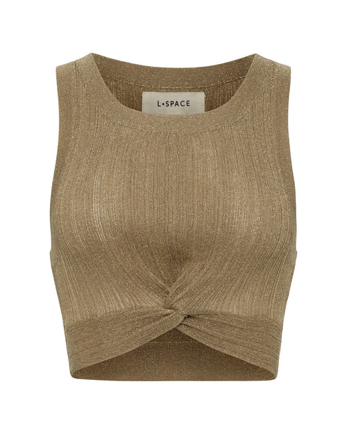 Off-model view of the LSPACE Heart Of Gold Tank in metallic gold, showing the cropped silhouette with high scoop neckline, sleeveless design, and twisted knot front detail on a white background.