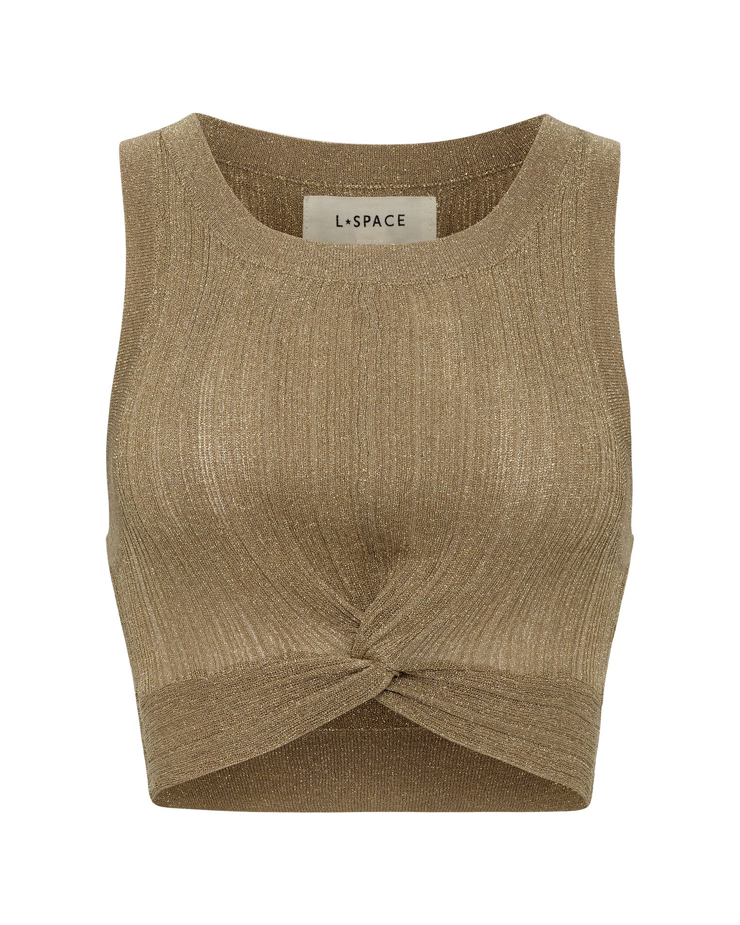 Heart Of Gold Tank - Metallic Gold Off-model view of the LSPACE Heart Of Gold Tank in metallic gold, showing the cropped silhouette with high scoop neckline, sleeveless design, and twisted knot front detail on a white background.