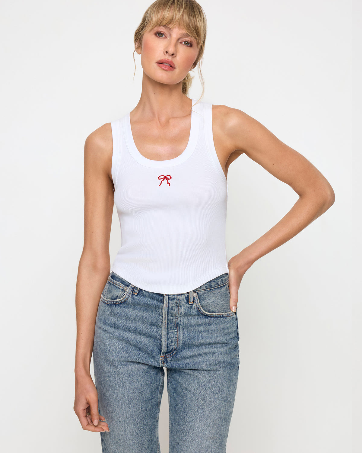 Ash Tank - Bow Embroidery Bow Embroidery | Badge:New Arrival_#B2AC88_#ffffff' Women's white tank top with embroidered bow