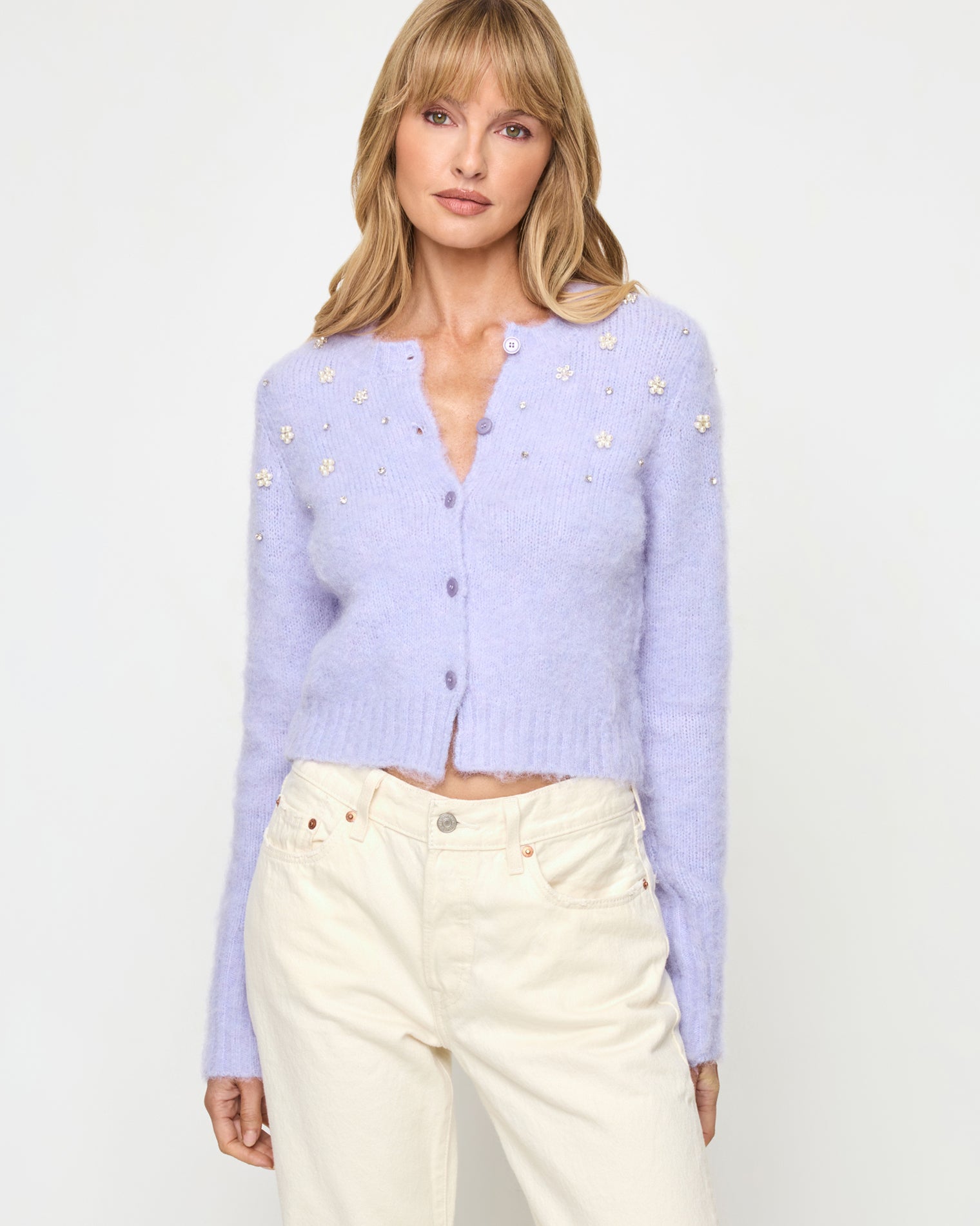 Brynn Cardigan - Lavender Ice Lavender Ice | Badge:New Arrival_#B2AC88_#ffffff' Purple cardigan with embellishments