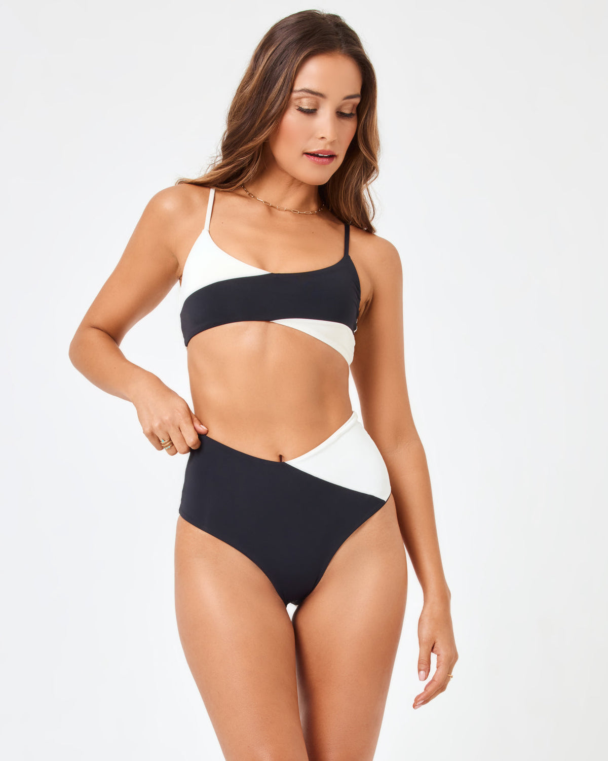 Color Block High Tide Bikini Bottom - Black-Cream Black-Cream | Model: Anna (size: S) | Hover