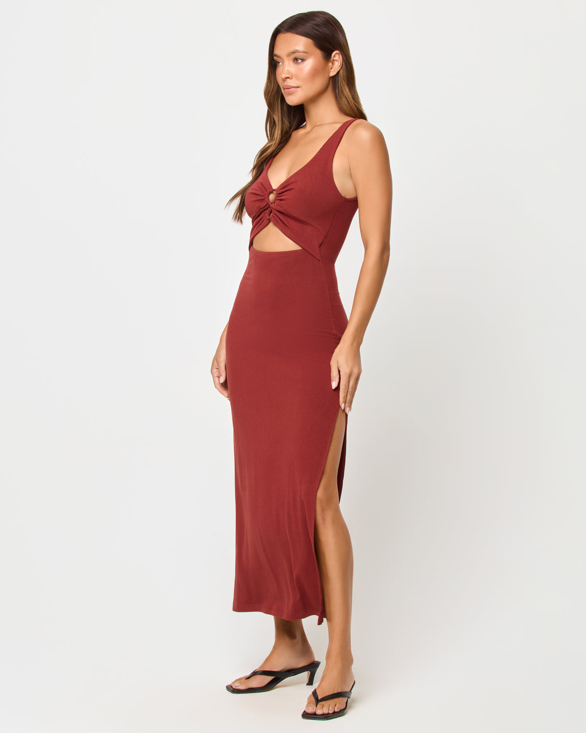 Camille Dress - Dusty Fig LSPACE Camille dress in dusty fig, side view on model.