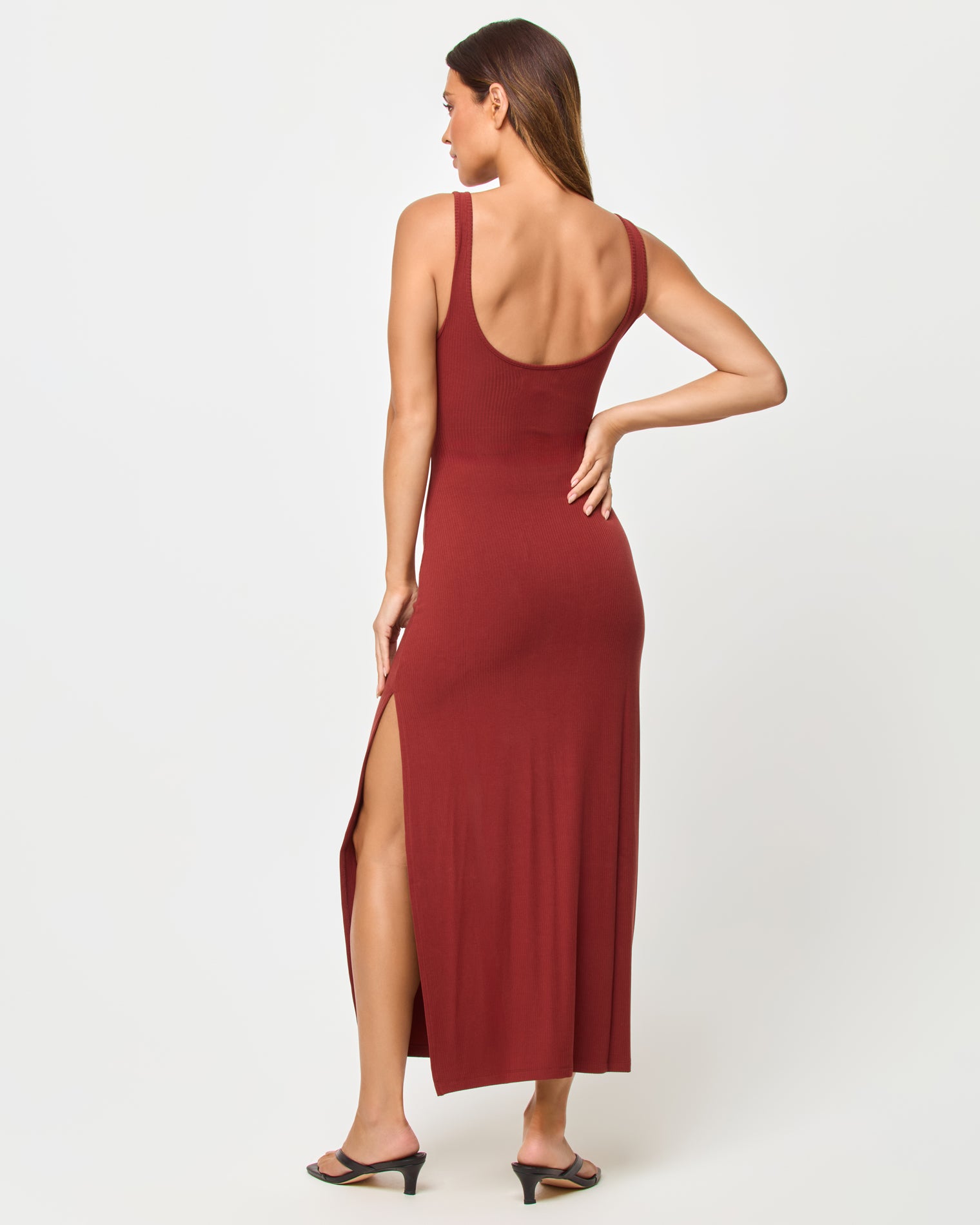 Camille Dress - Dusty Fig LSPACE Camille dress in dusty fig, back view on model.