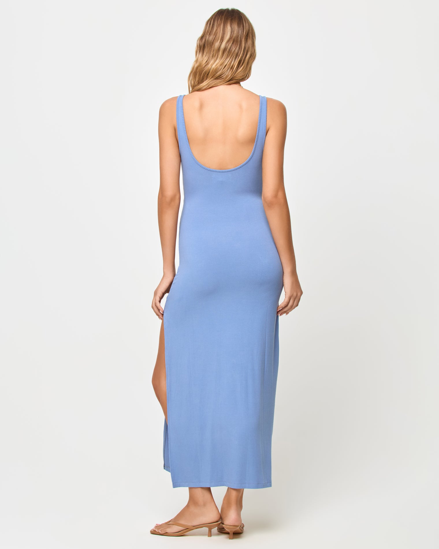 Camille Dress - Chambray LSPACE Camille dress in chambray, back view on model.