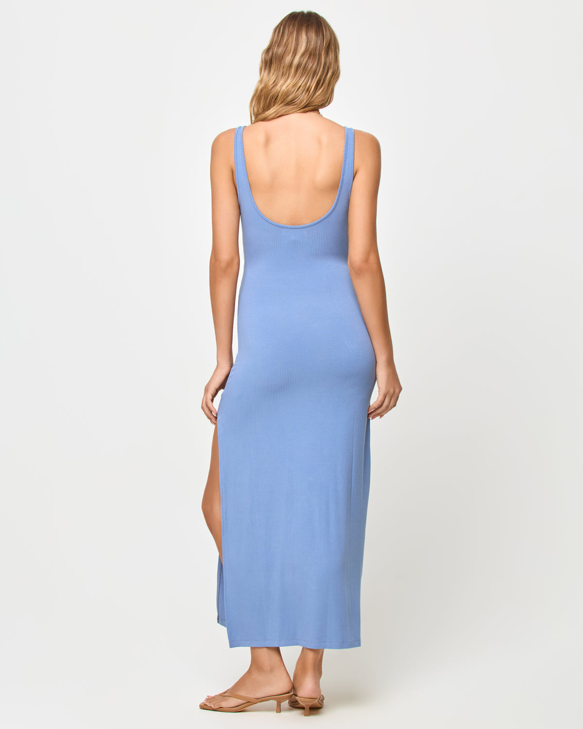 Camille Dress - Chambray LSPACE Camille dress in chambray, back view on model.