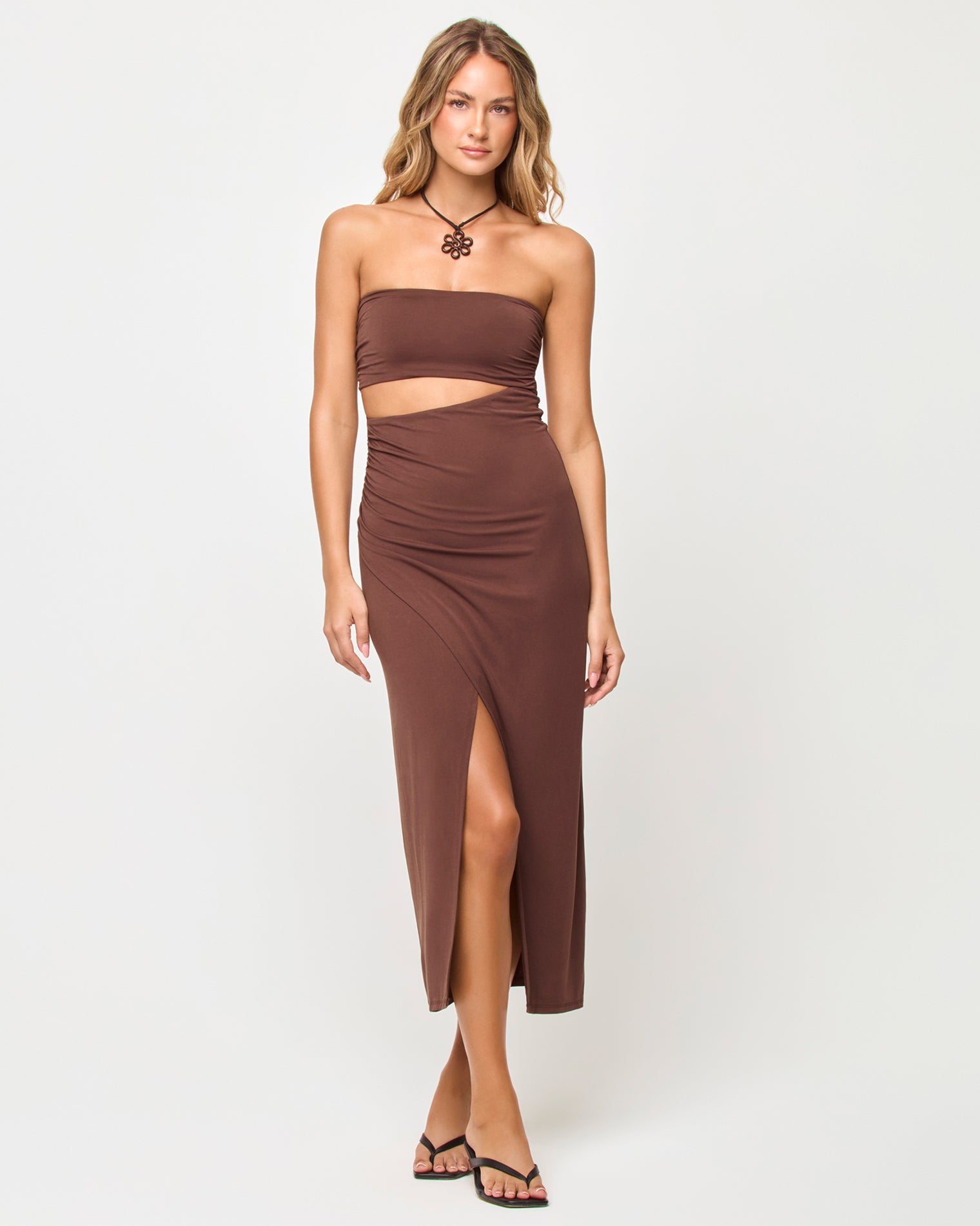 x The Salty Blonde Corsica Dress - Espresso Front view of model wearing the LSPACE x The Salty Blonde Corsica Dress in espresso.