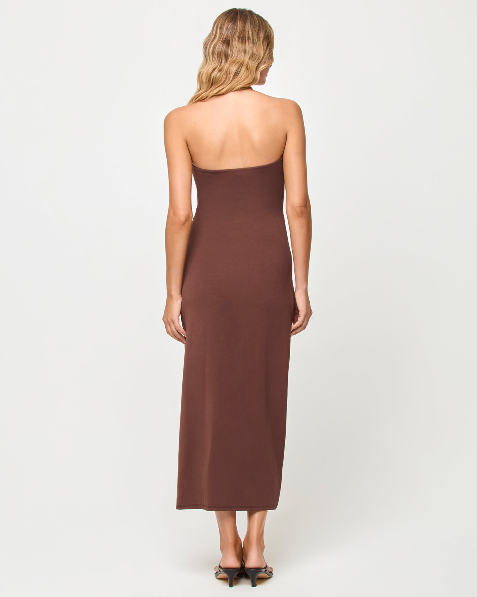 x The Salty Blonde Corsica Dress - Espresso Back view of model wearing the LSPACE x The Salty Blonde Corsica Dress in espresso.