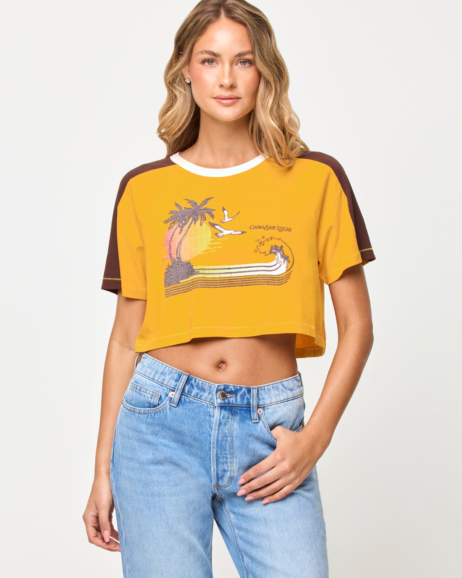 x The Salty Blonde Costa Crop Top - Cabo Sunset Close-up of the LSPACE x The Salty Blonde Costa Crop Top in cabo sunset showing the neckline and cropped silhouette.