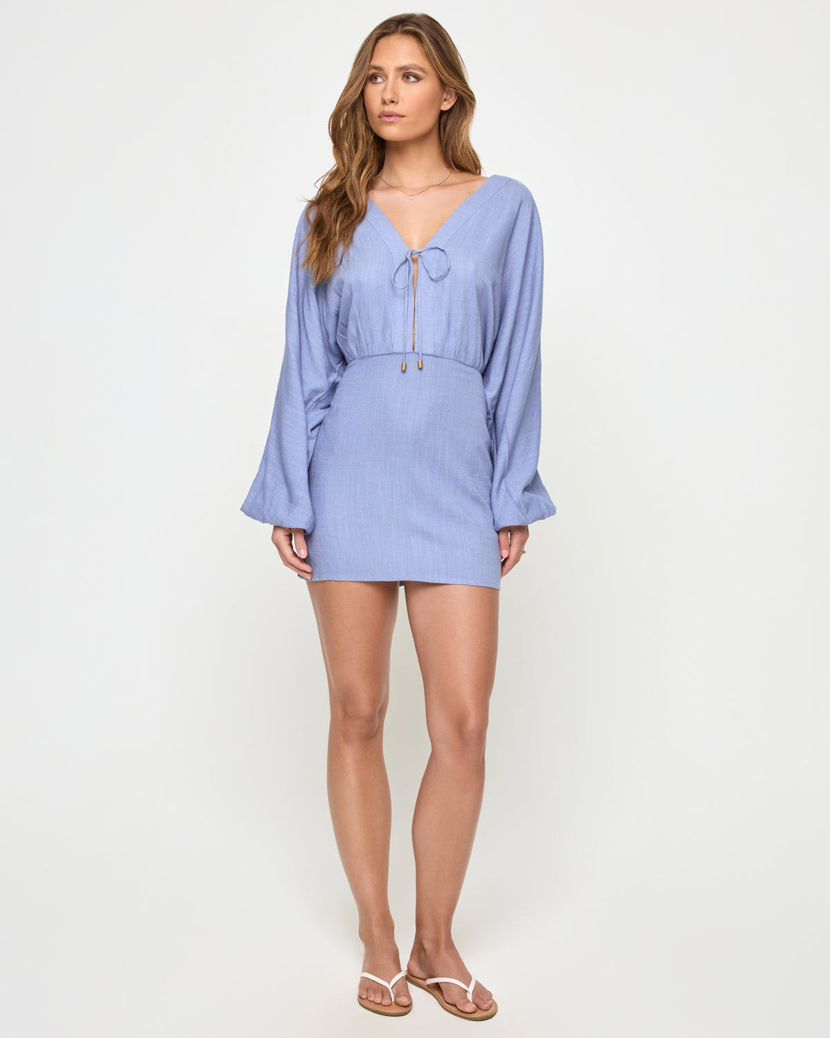 Deia Mini Dress - Chambray Chambray | Badge:New Arrival_#B2AC88_#ffffff' Blue mini dress with plunging neckline