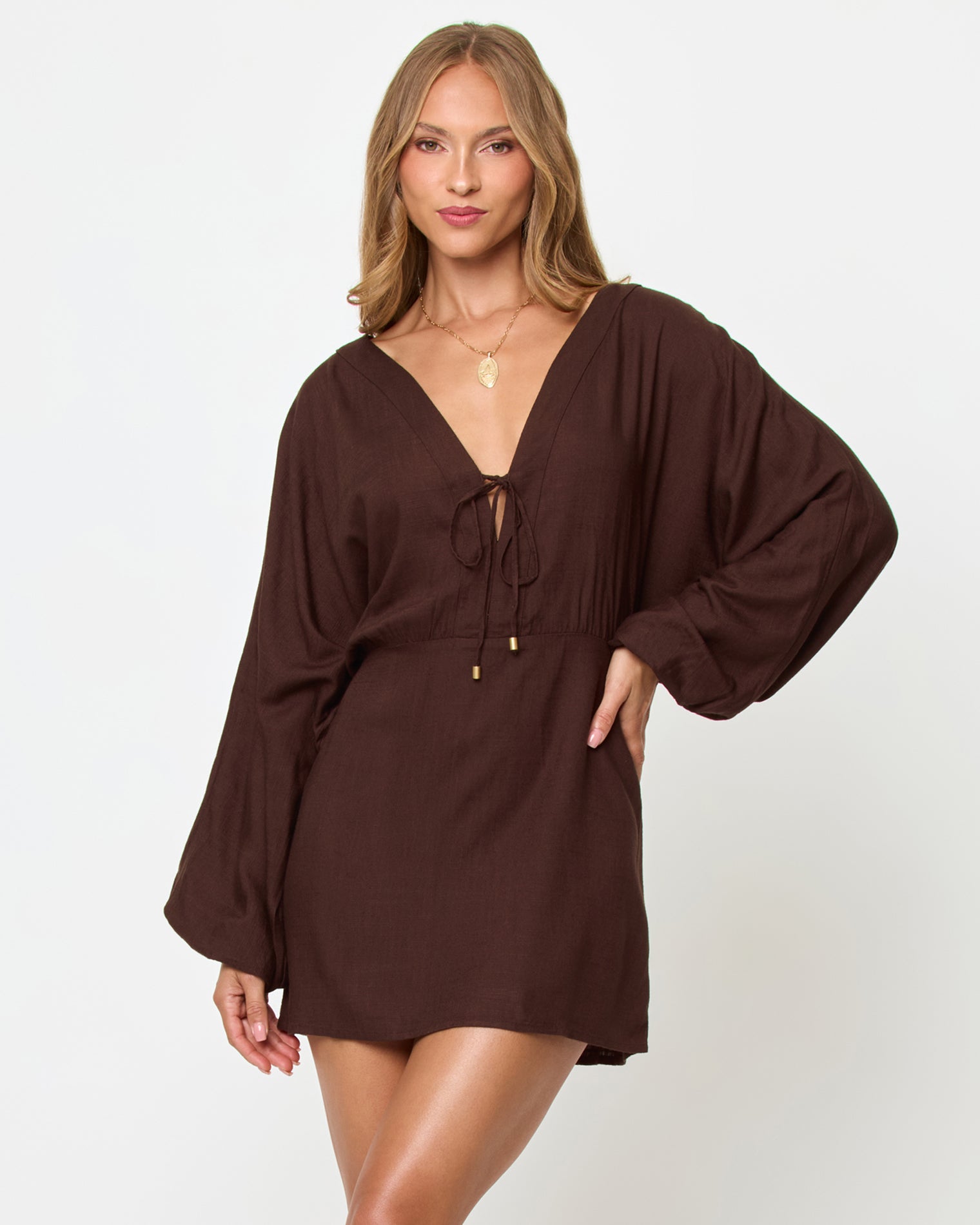 long sleeve plunge neck mini dress Diva Energy Long Sleeve Mini Dress Black