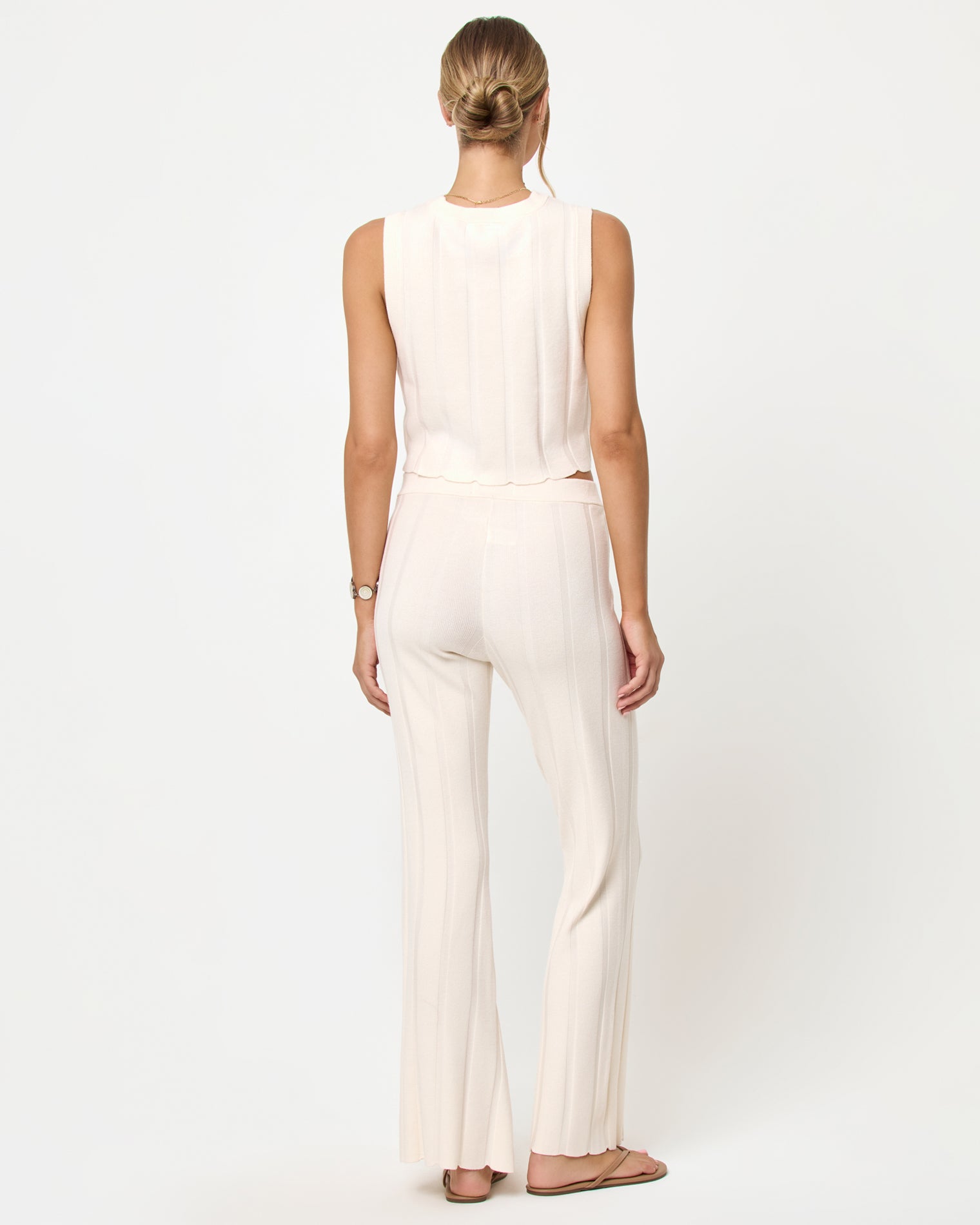 Iris Pant - Tapioca LSPACE Iris pant and En Route Top in tapioca, back view on model.