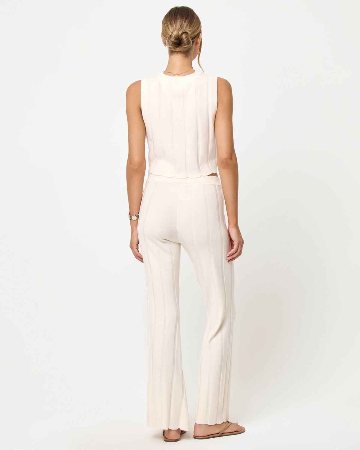 Iris Pant - Tapioca LSPACE Iris pant and En Route Top in tapioca, back view on model.