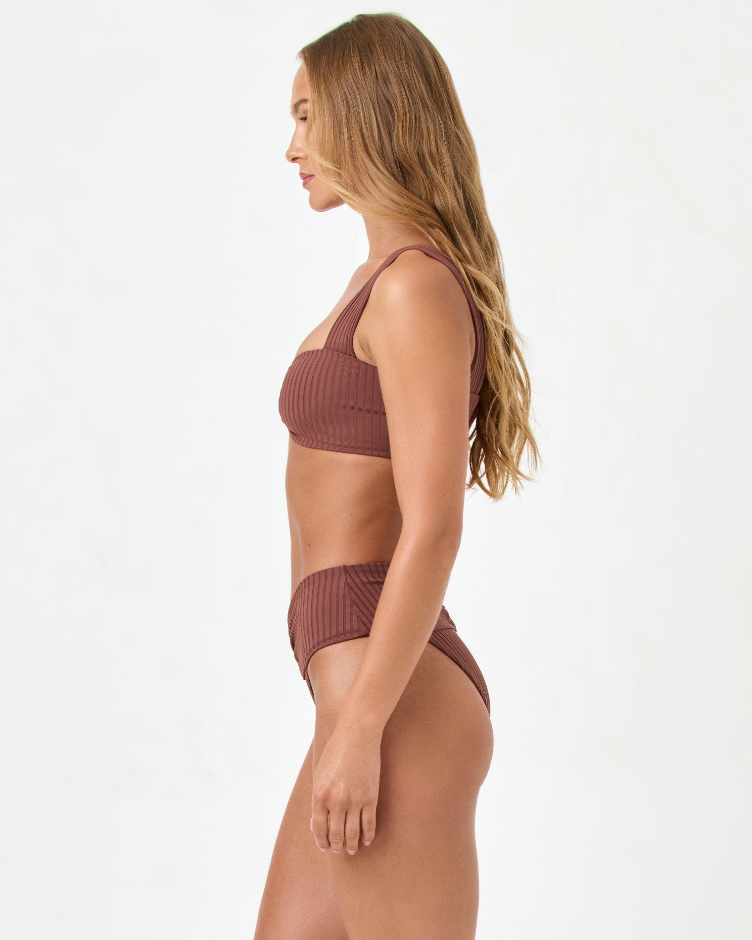 Marlee Bikini Top - Cafe Side view of a model wearing the LSPACE cafe Marlee Bikini Top with matching cafe Bardot Bikini Bottom.