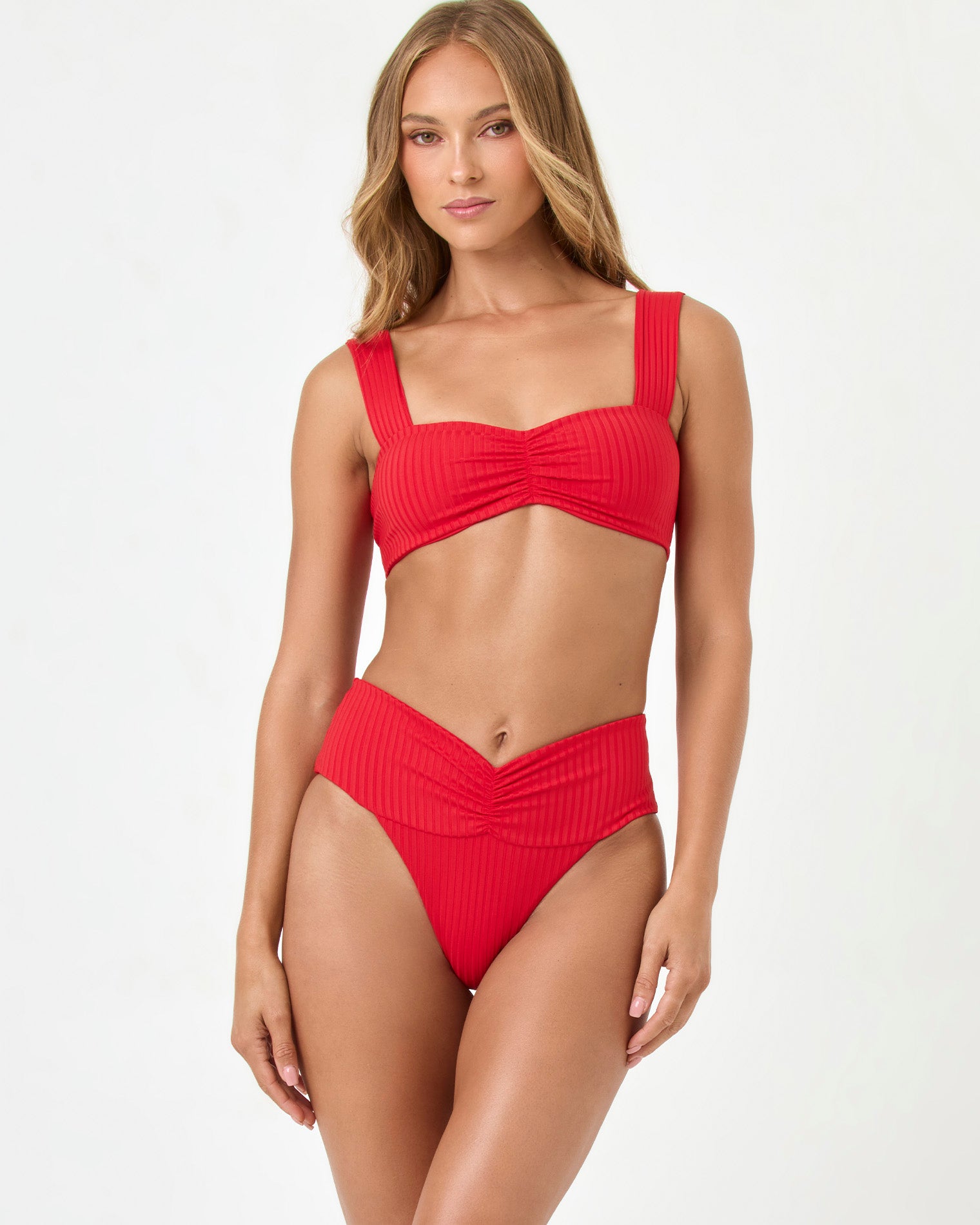 Marlee Bikini Top - Flame Front view of a model wearing the LSPACE flame Marlee Bikini Top with matching flame Bardot Bikini Bottom.