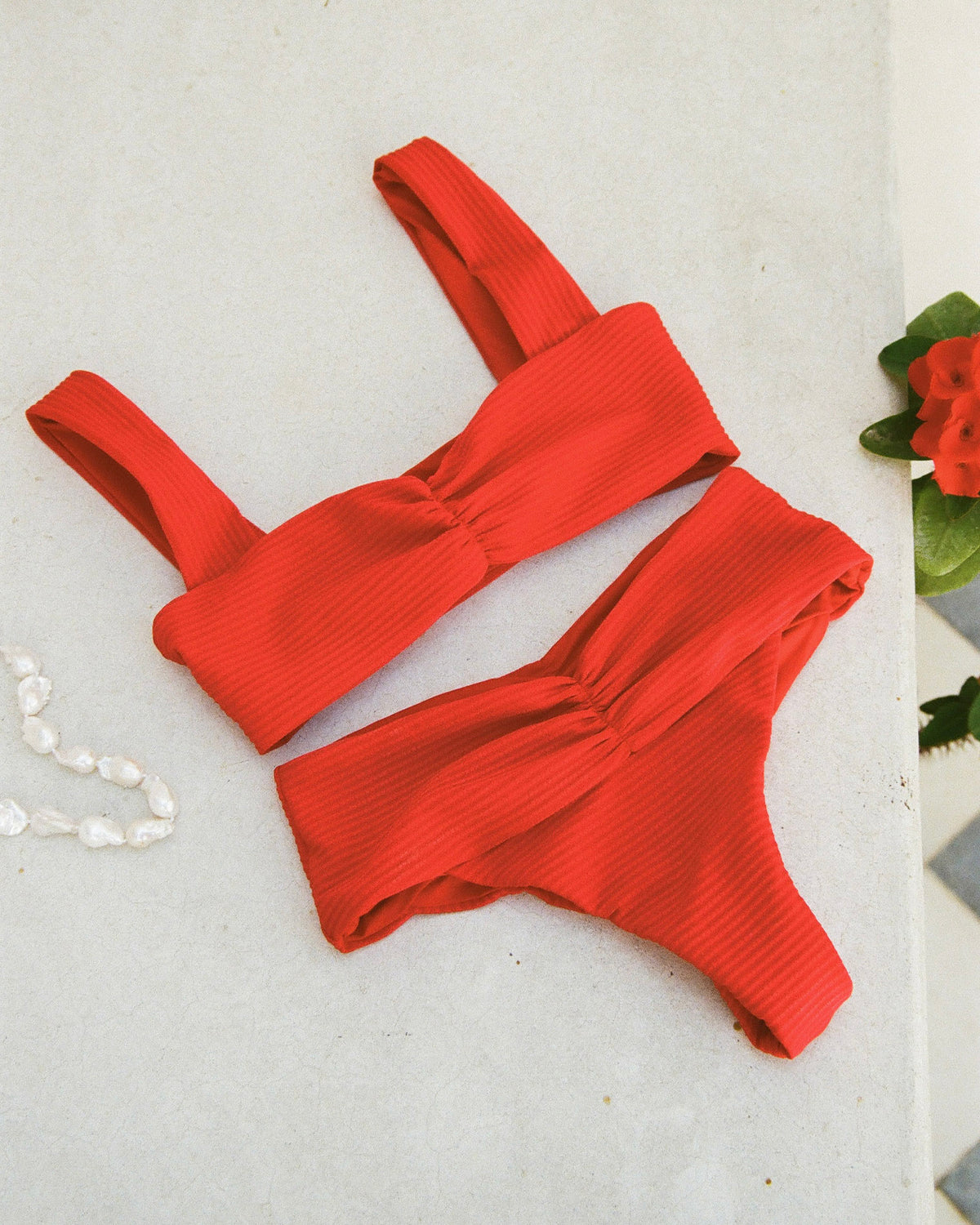 Bardot Bikini Bottom - Flame Flame | Badge:New Arrival_#B2AC88_#ffffff' Sustainable high waisted bikini bottoms in red ribbed fabric