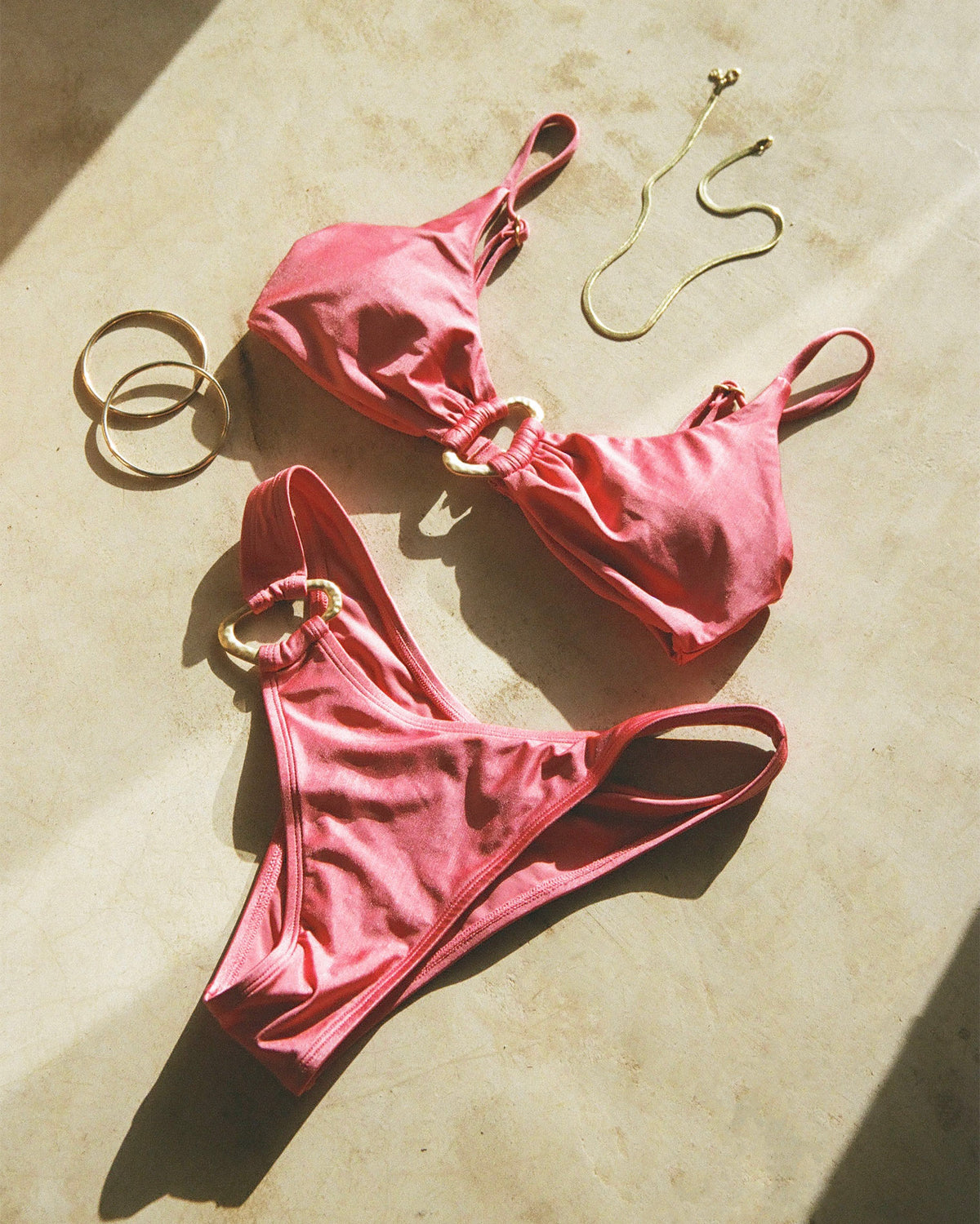 Amory Bikini Top - Begonia Begonia | Badge:New Arrival_#B2AC88_#ffffff' Shiny pink bikini top with gold hardware