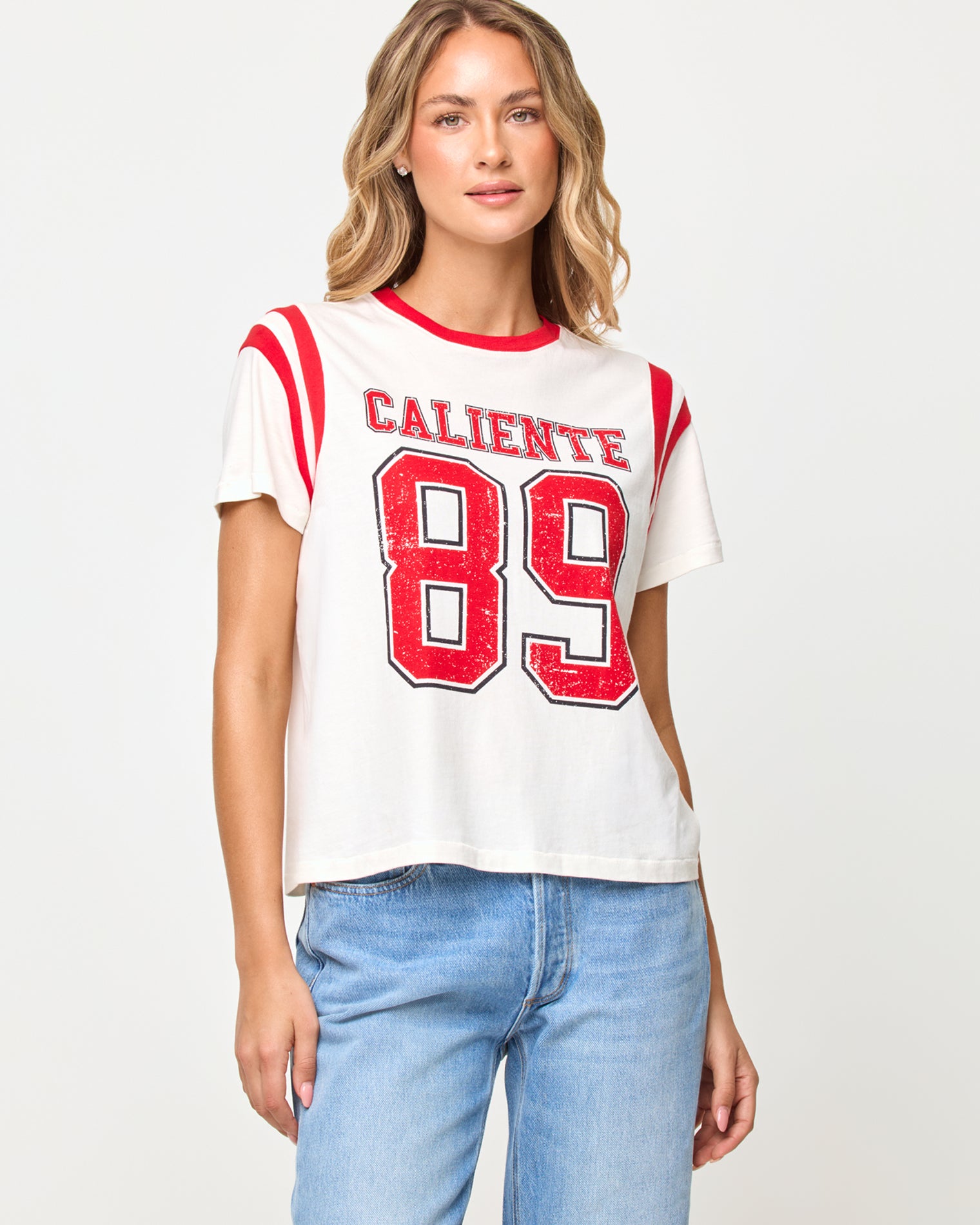x The Salty Blonde Fresca Tee - Caliente Close-up of the LSPACE x The Salty Blonde Fresca Tee in caliente showing the cropped hem and fit.