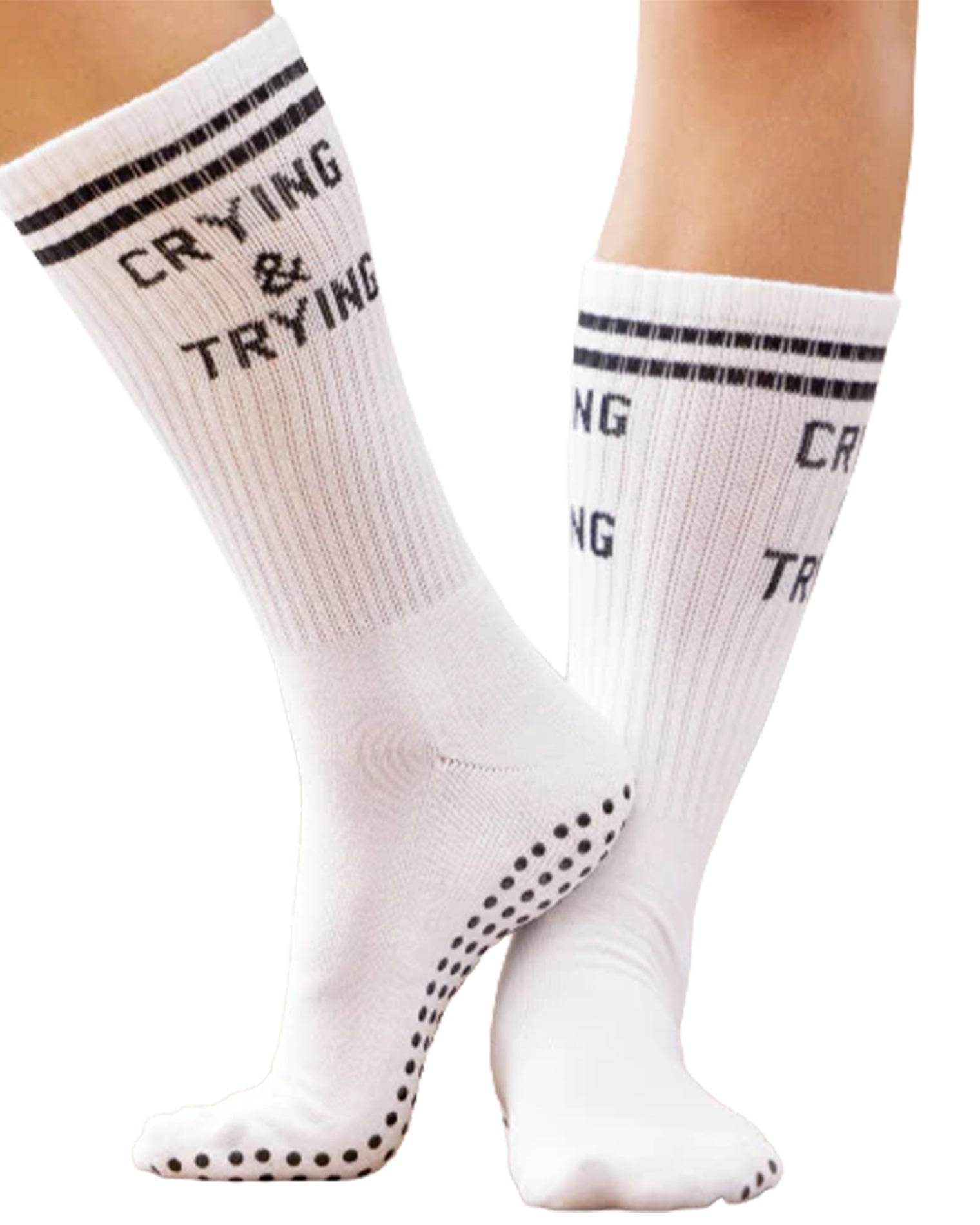 Souls Crying & Trying Sock - White Front angled view of the Souls Crying & Trying Sock in white, a white crew sock with "Souls Crying & Trying" text printed along the side.