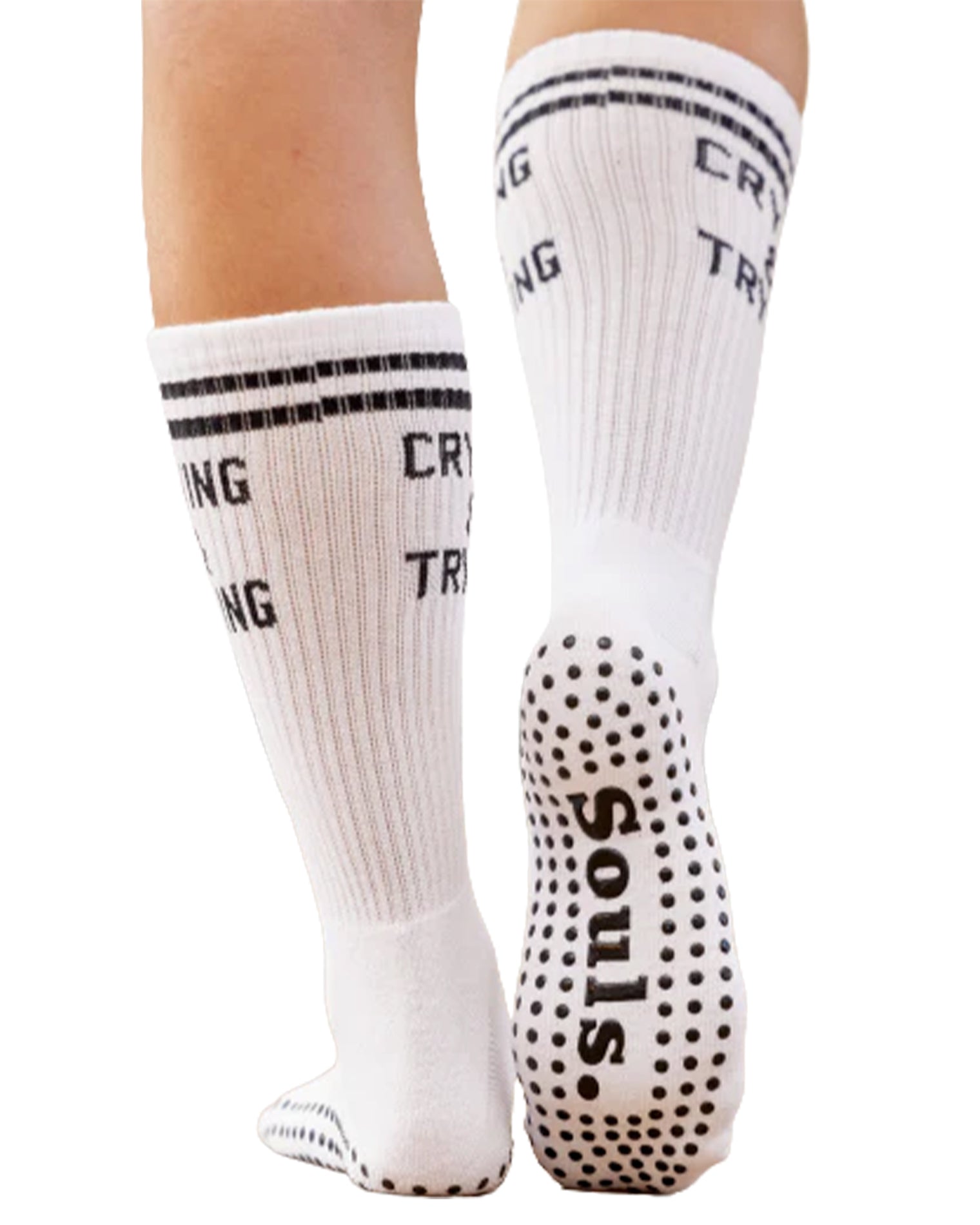 Souls Crying & Trying Sock - White Sole view of the Souls Crying & Trying Sock in white, showing the Souls logo and grip dots on the bottom of the white crew sock.
