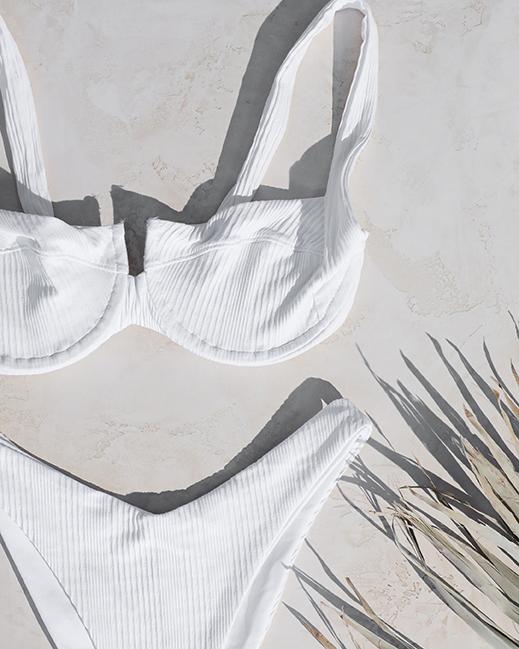 Pointelle Rib Camellia Bikini Top - White White | Model: Holly (size S) | Hover