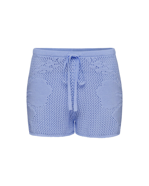 Off-model view of the LSPACE Island Time Short in Chambray, an open-knit crochet short with a floral motif and drawstring waist.