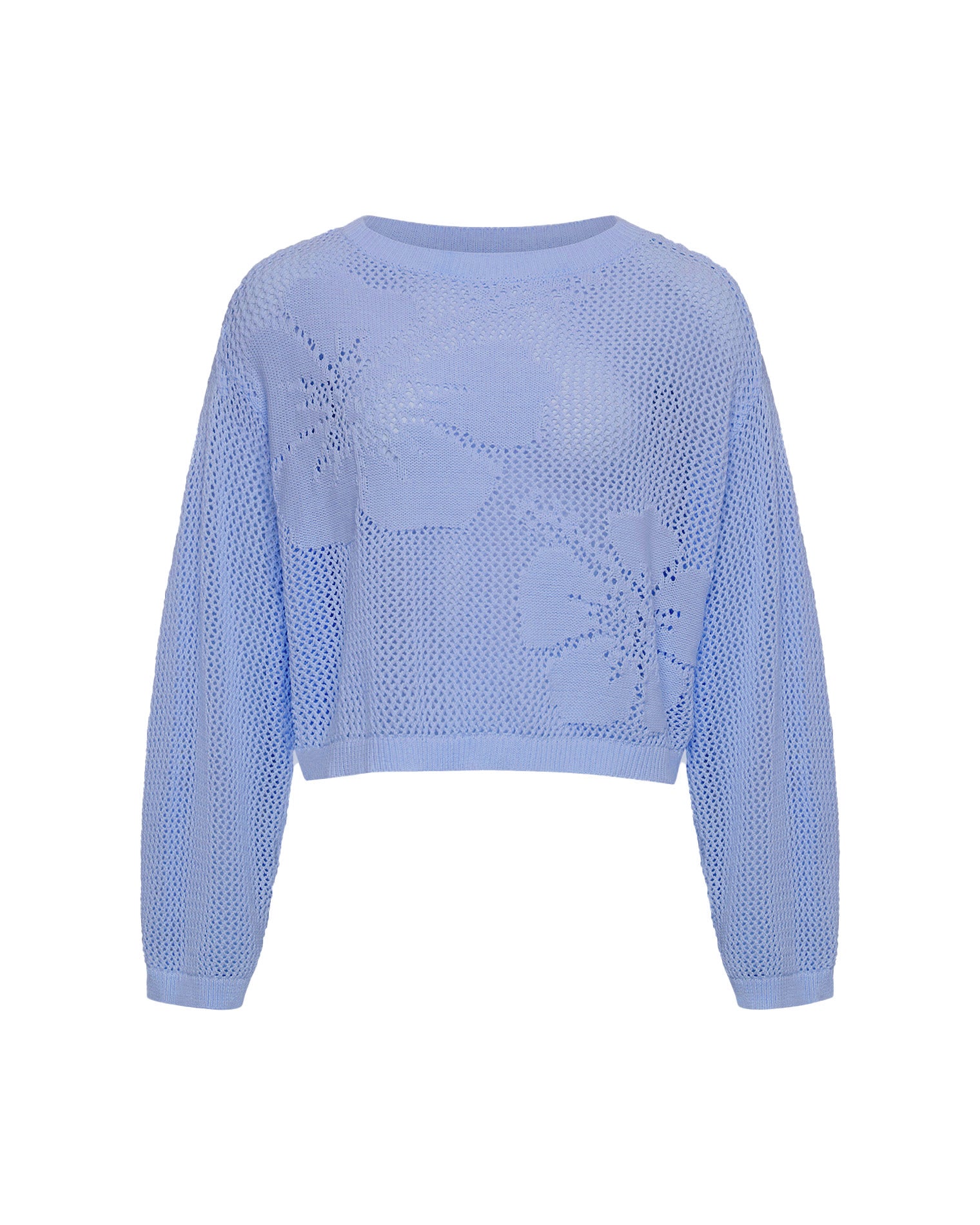 Island Time Sweater - Chambray Off-model view of the LSPACE Island Time Sweater in Chambray, a cropped open-knit crochet pullover with a floral motif and long sleeves.