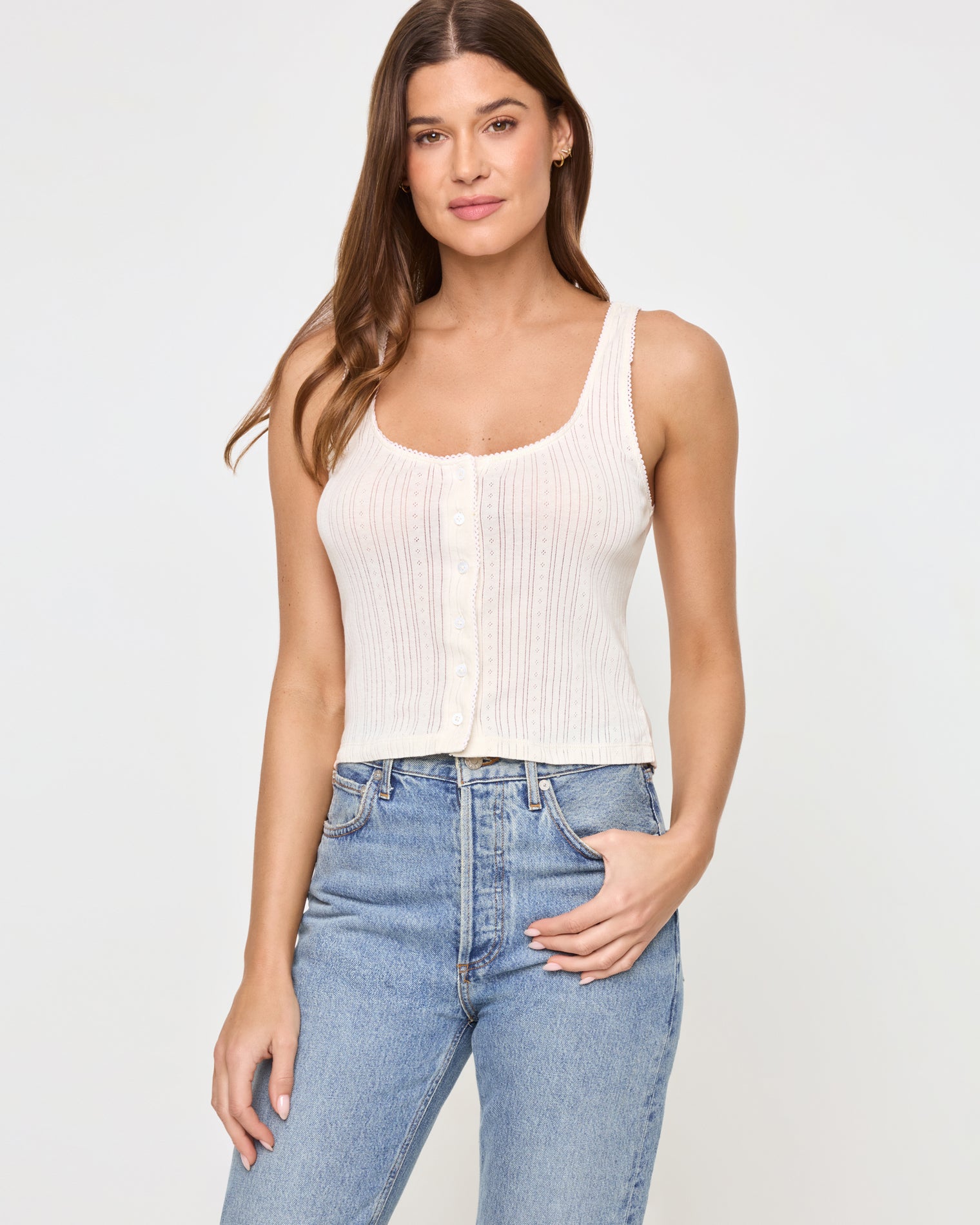 Jeanie Pointelle Tank - Cream Cream | Model: Maitlynn (size: S) | Hover
