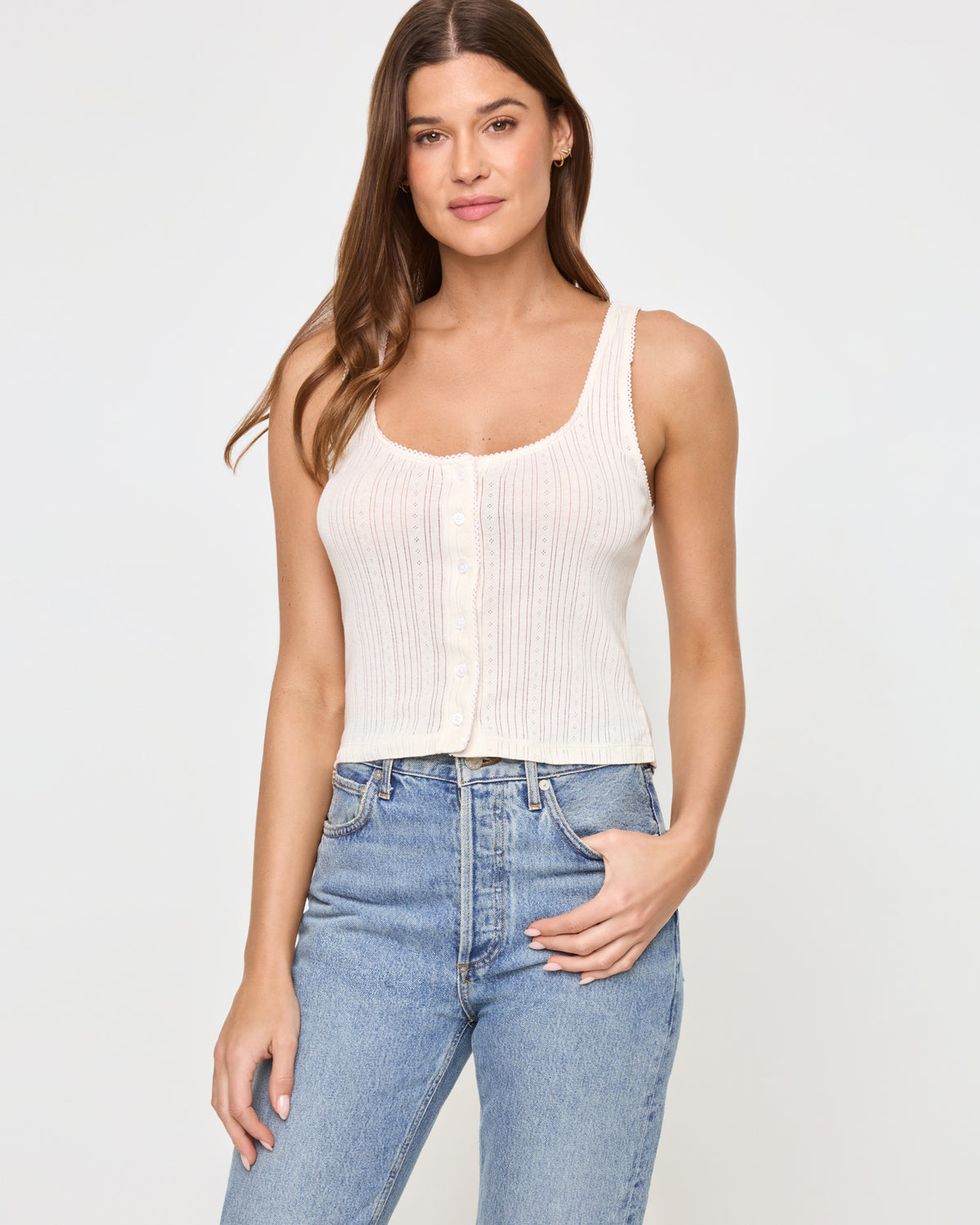 Jeanie Pointelle Tank - Cream Cream | Model: Maitlynn (size: S) | Hover