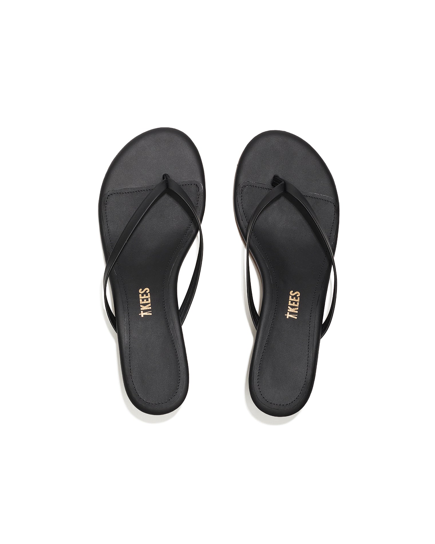 TKEES Julia Kitten Heel - Sable Top-down view of both black sable leather TKEES Julia Kitten Heel thong sandals.