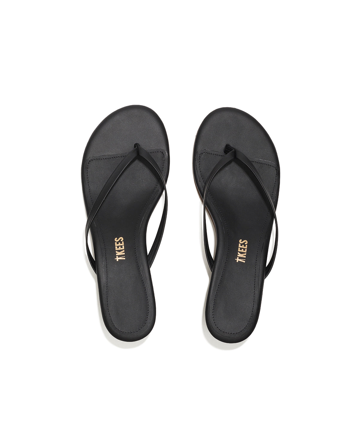 TKEES Julia Kitten Heel - Sable Top-down view of both black sable leather TKEES Julia Kitten Heel thong sandals.