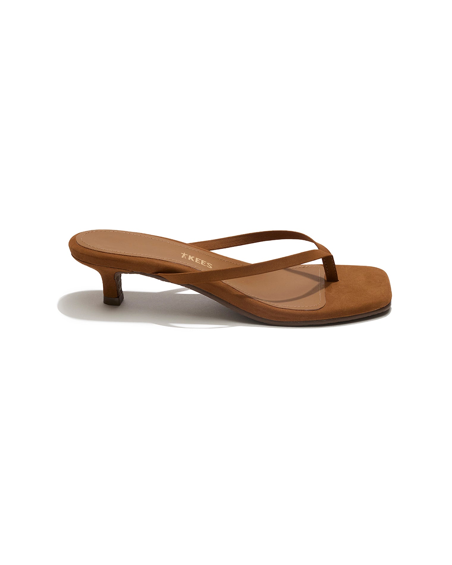 TKEES Square Toe Julia Suede - Camel Side view of a single camel suede TKEES Square Toe Julia sandal with TKEES logo on footbed.