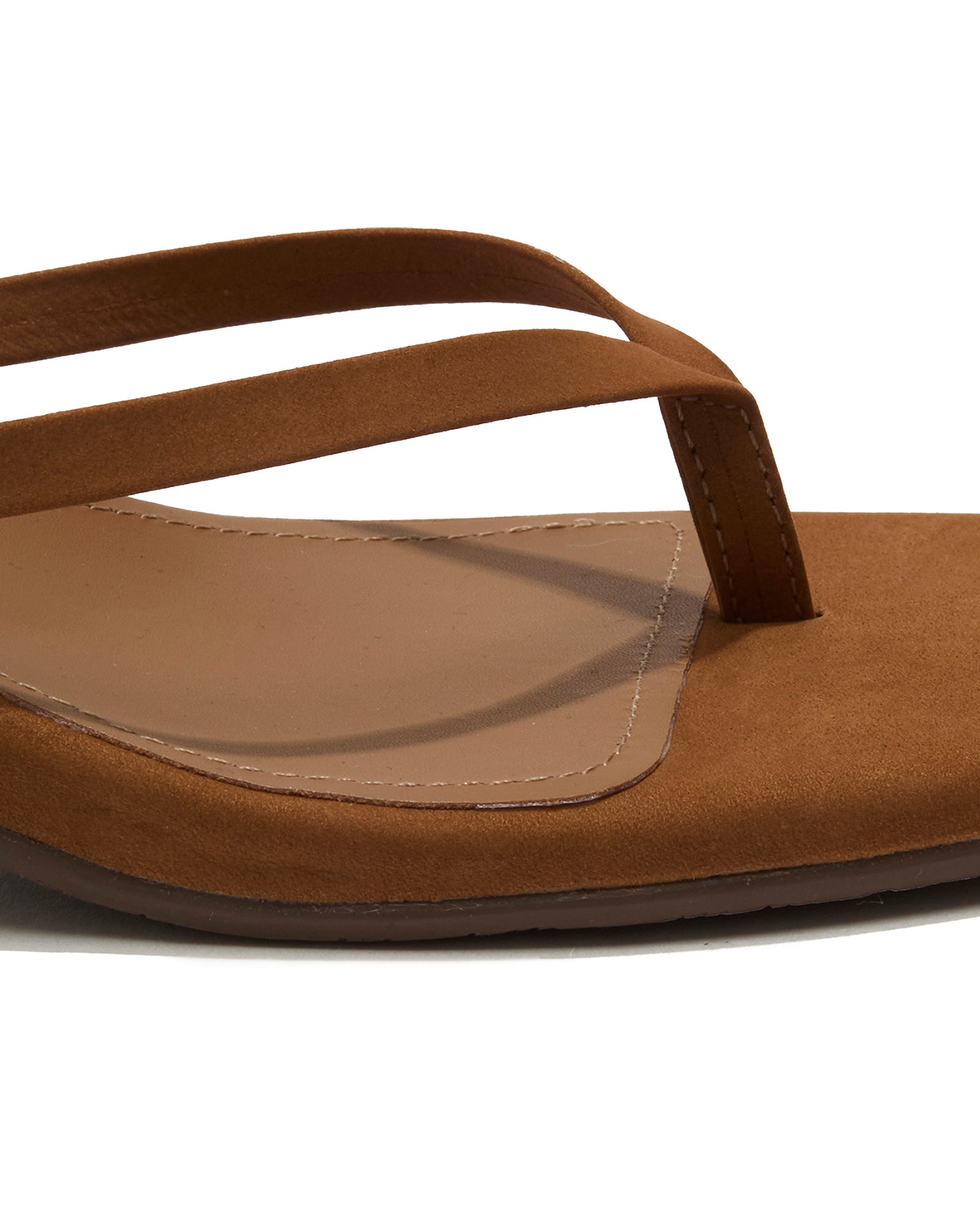 TKEES Square Toe Julia Suede - Camel Close-up of the camel suede thong strap and square-toe footbed on the TKEES Square Toe Julia Suede.