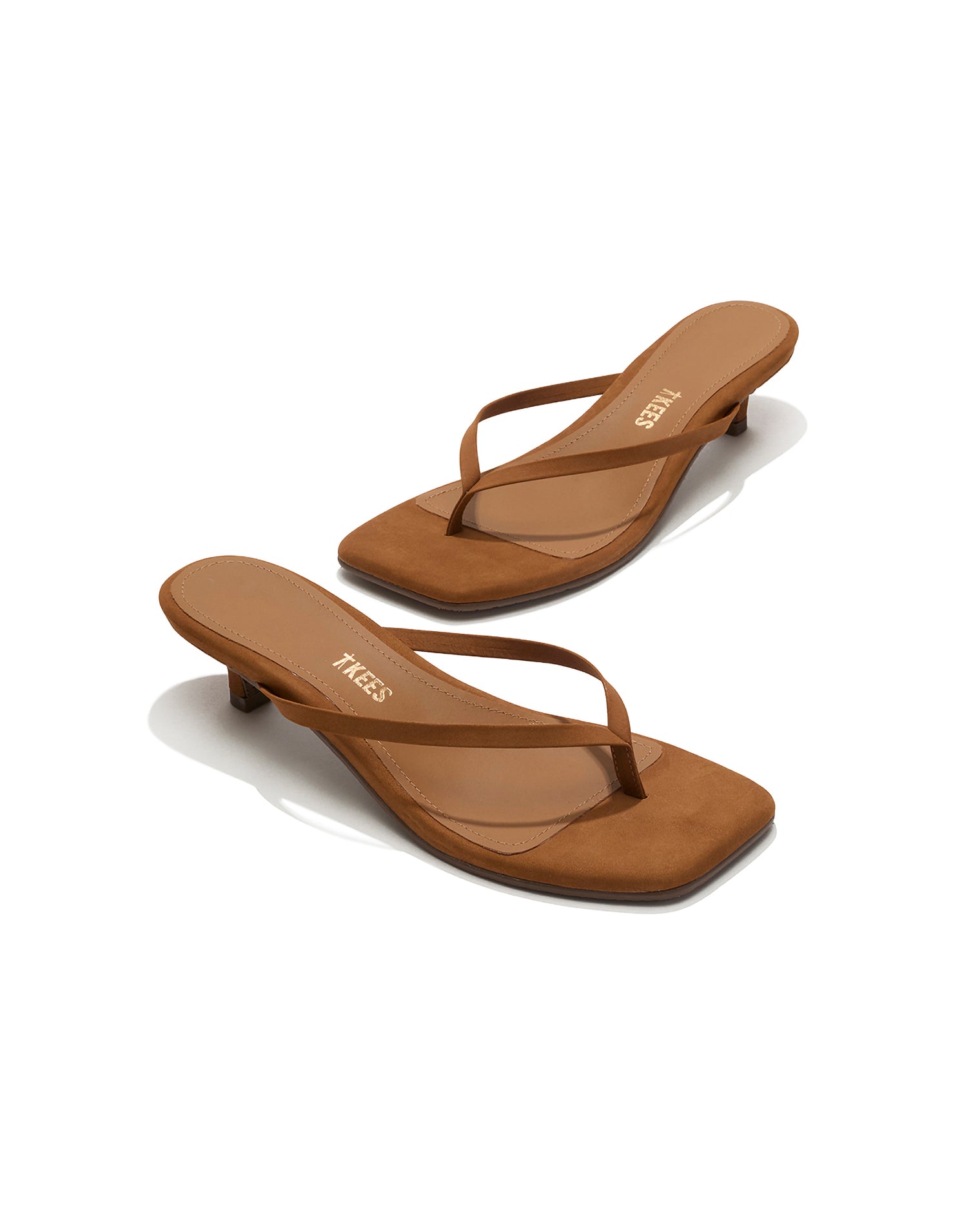 TKEES Square Toe Julia Suede - Camel Angled view of both camel suede TKEES Square Toe Julia sandals with TKEES logo on footbed.