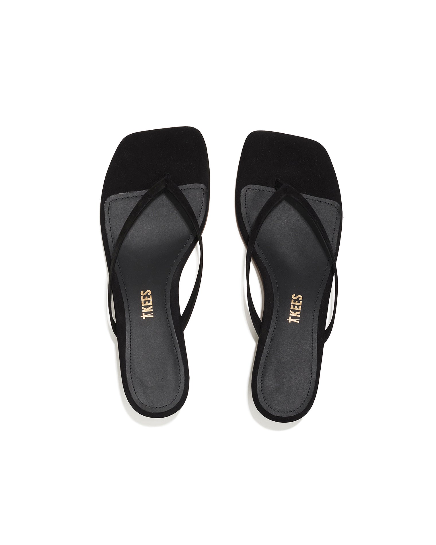 TKEES Square Toe Julia Suede - Black Top-down view of both black suede TKEES Square Toe Julia sandals.