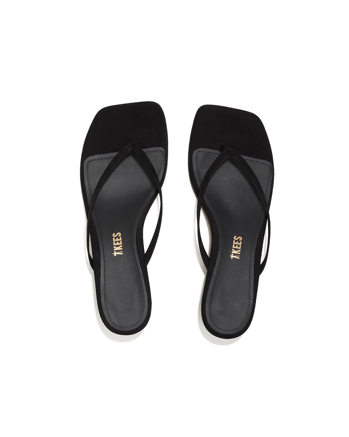 TKEES Square Toe Julia Suede - Black Top-down view of both black suede TKEES Square Toe Julia sandals.
