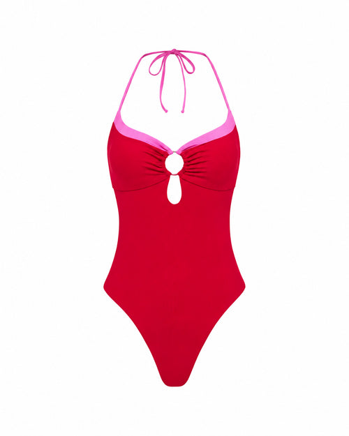 Off-model front view of the LSPACE Lipstick Red Sweetheart Juno One Piece Swimsuit.