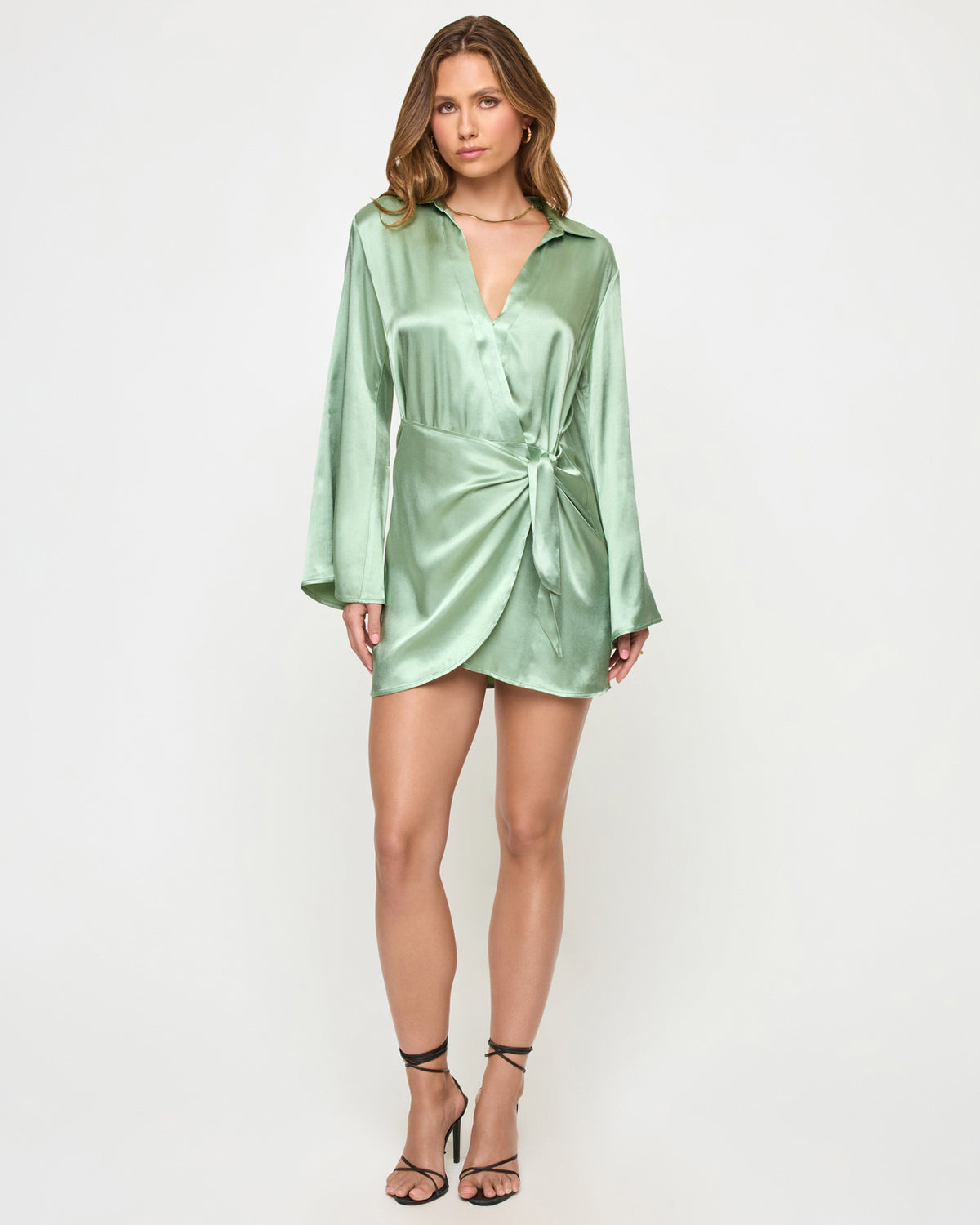 Las Palmas Dress - Celadon Celedon | Badge:New Arrival_#B2AC88_#ffffff' Green satin mini wrap dress