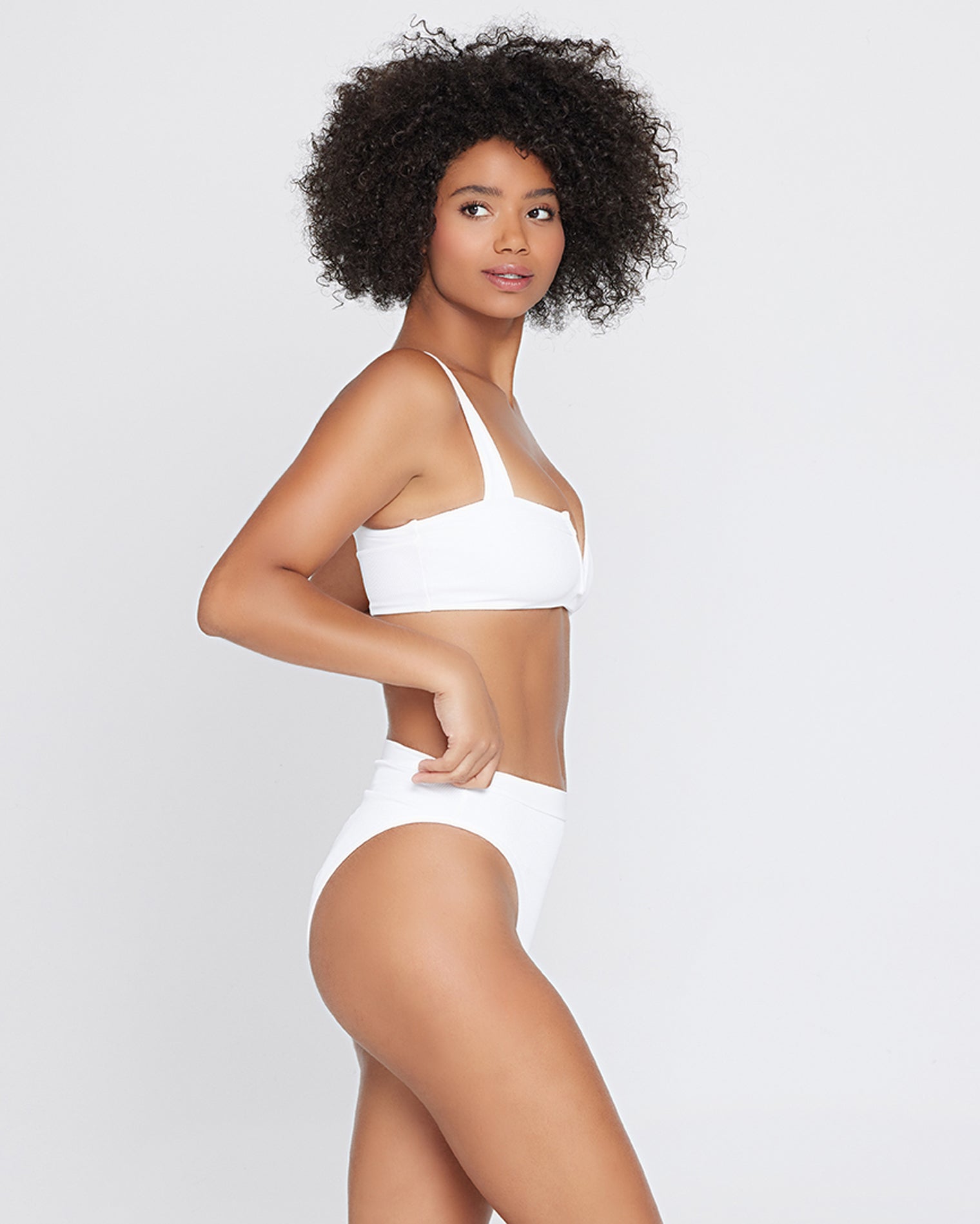 WHITE RIB Recycled Fibers High Waist Thong Bikini Bottom - White