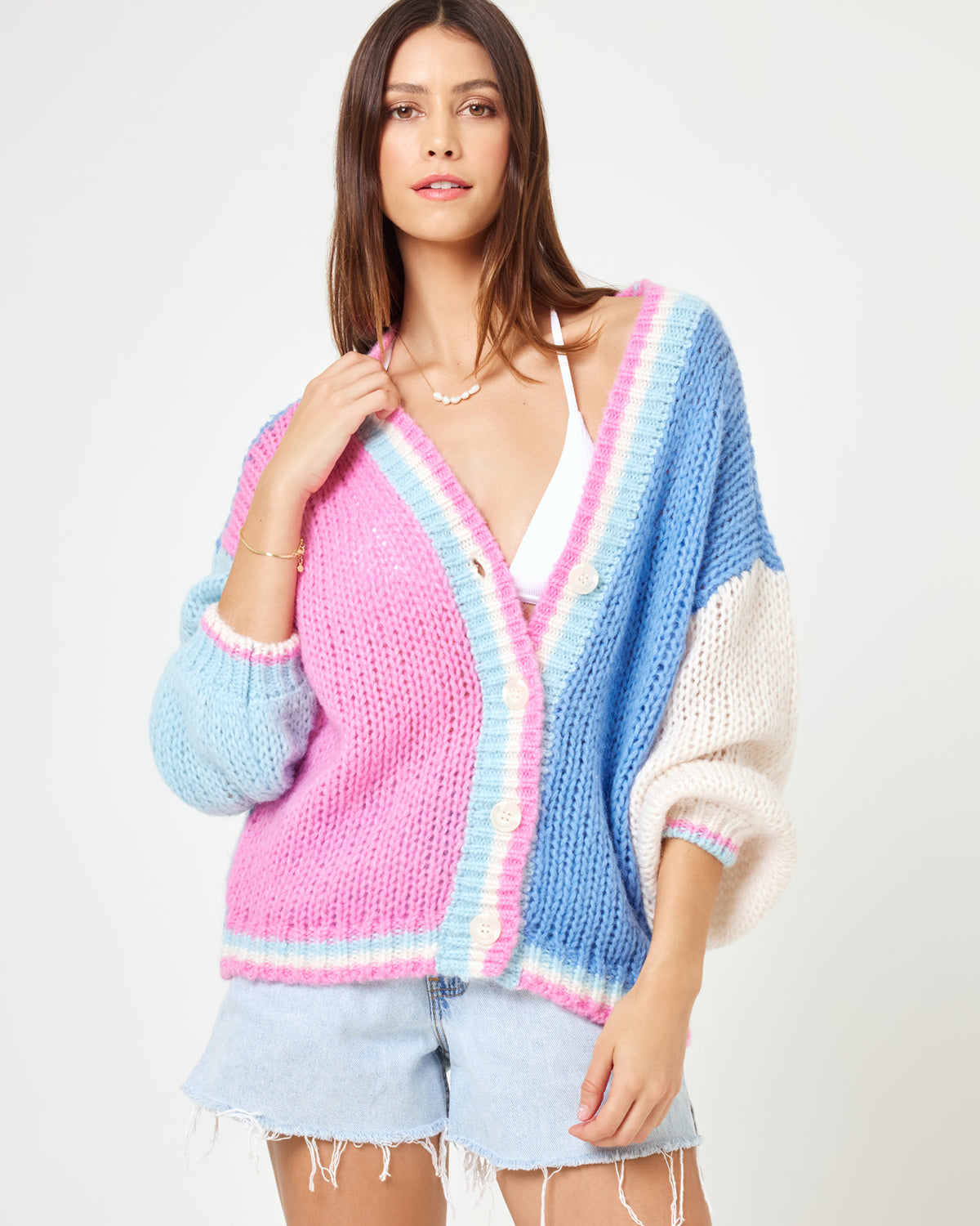 LSPACE x JVS Lido Cardigan - California Colorblock California Colorblock | Model: Kristen (size: S) | Hover