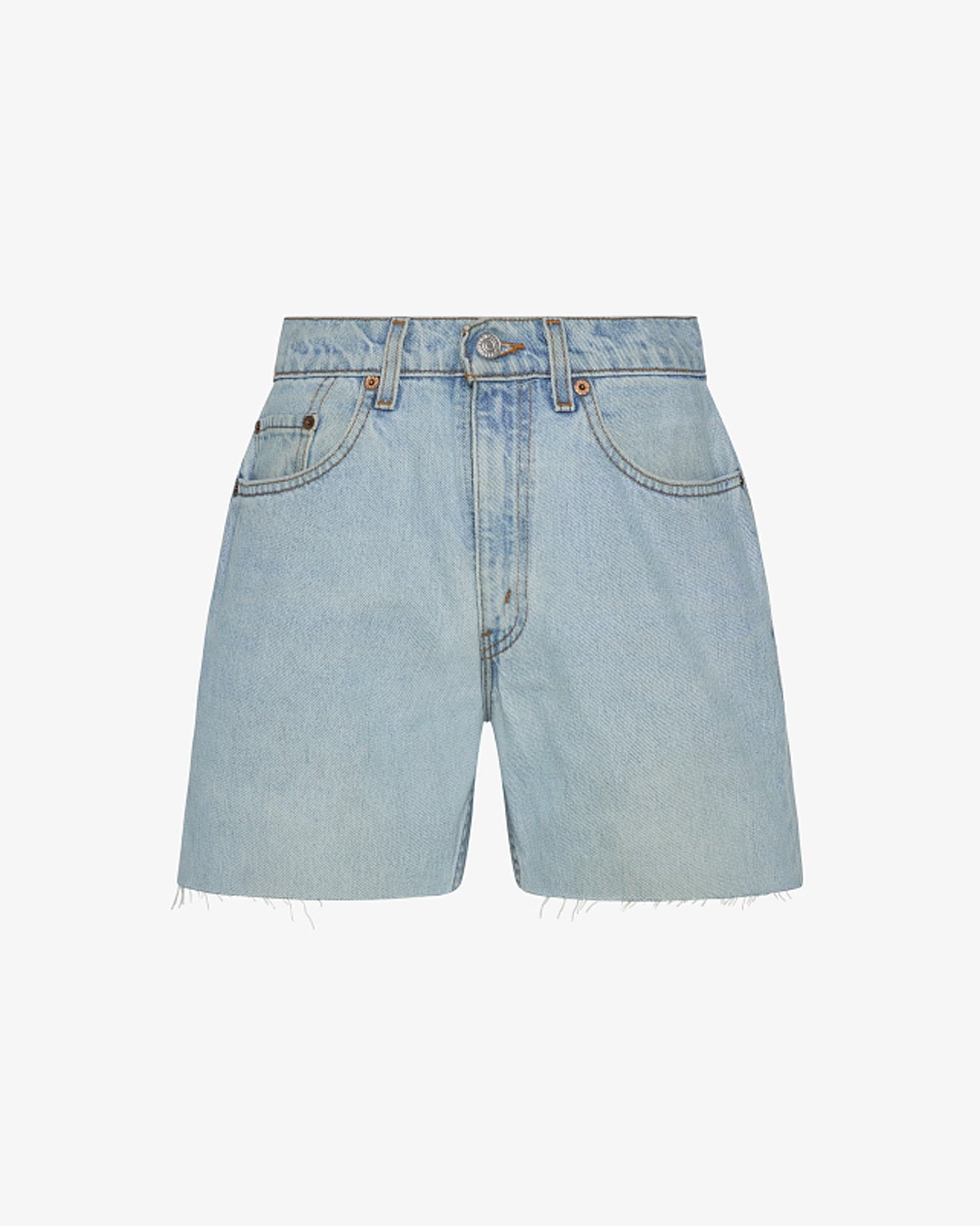 aligrace Long Baggy Short Off-model view of the aligrace Long Baggy Short in light wash, showing a relaxed-fit denim short with a raw frayed hem.