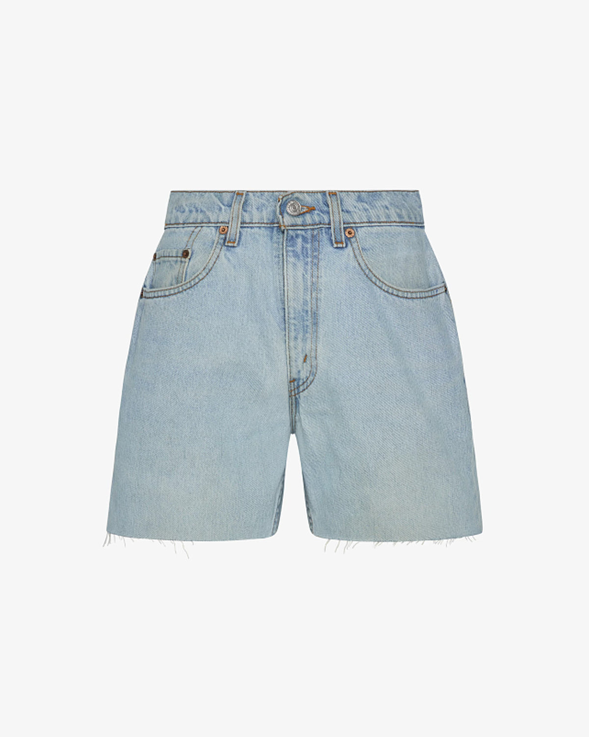 aligrace Long Baggy Short Off-model view of the aligrace Long Baggy Short in light wash, showing a relaxed-fit denim short with a raw frayed hem.